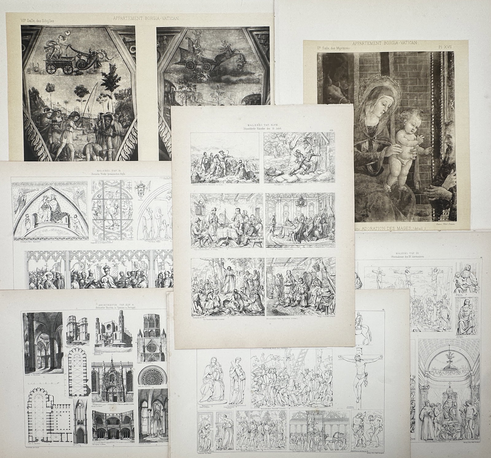 Paul Neff – Set of 7: Historical Architectural Studies, Biblical Art Plates, and Vatican Fresco: "Appartement Borgia Vatican" depicts a broad overview of religious iconography and classical architecture, featuring detailed building layouts, gothic ornamental designs, biblical narrative scenes, an