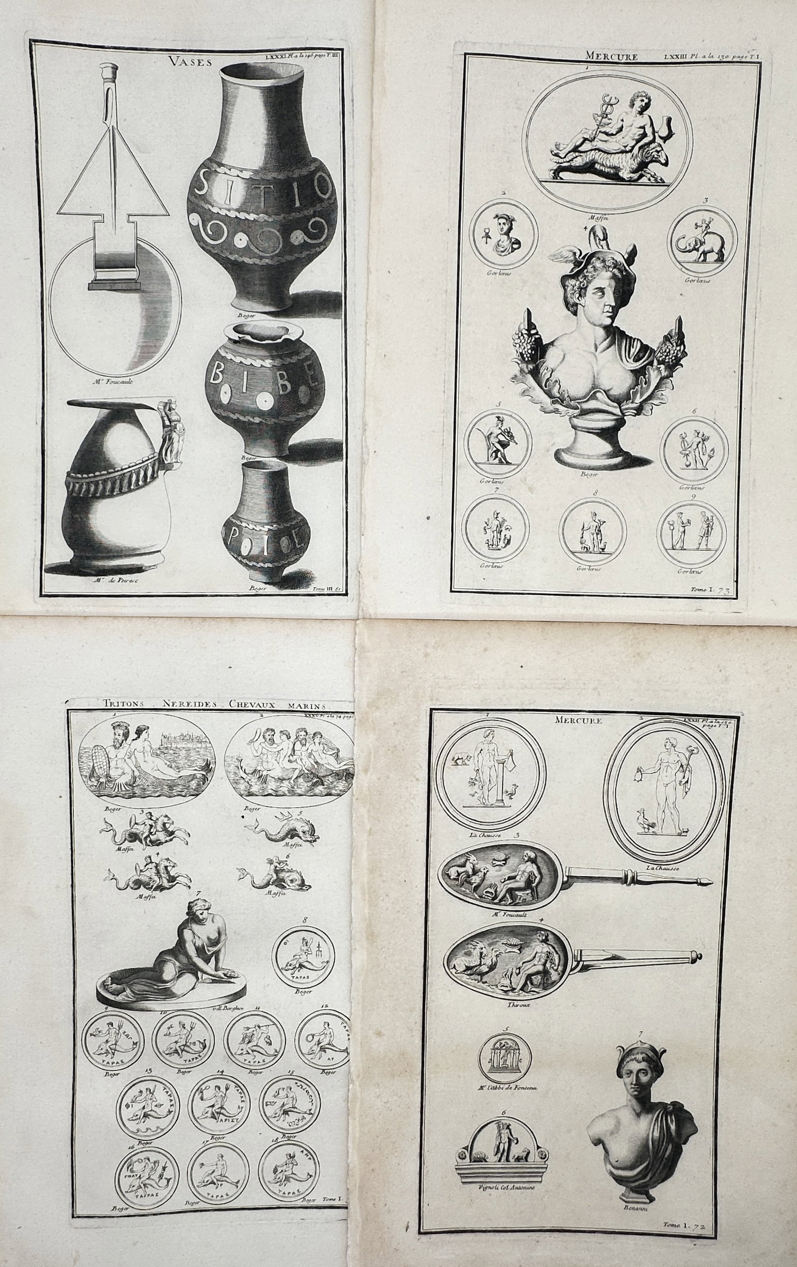 Bernard de Montfaucon – Ancient Vases and Mythological Depictions – Engravings: "Ancient Vases and Mythological Depictions" This illustrative compilation preserves the documentation of classical material culture by reproducing detailed illustrations of inscribed ceramic vessels, 