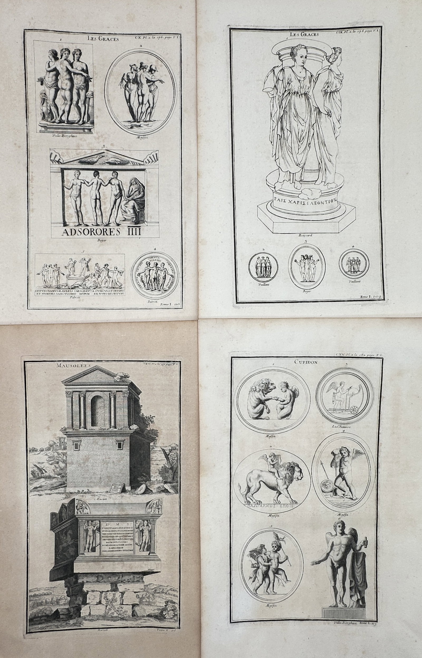 Bernard de Montfaucon – Set of 4: Classical Deities, Graces, and Monumental Tombs – Engravings: Classical Deities, Graces, and Monumental Tombs This comprehensive compilation documents classical sculpture, divine allegories, and monumental funerary architecture from Mediterranean antiquity for h
