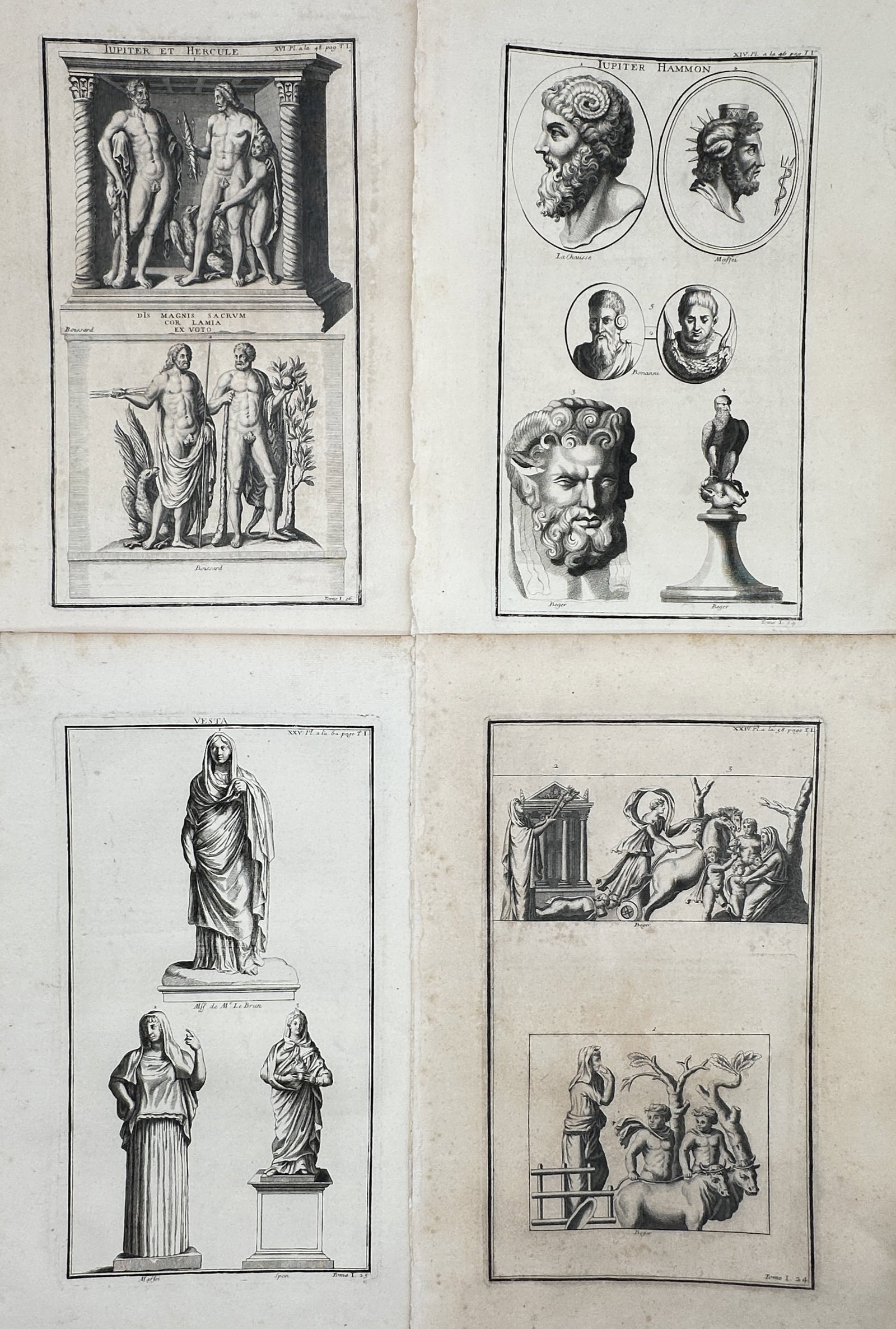 Bernard de Montfaucon – Set of 4: Classical Deities, Sculptural Reliefs, and Votive Figures: Classical Deities, Sculptural Reliefs, and Votive Figures This comprehensive compilation documents ancient Mediterranean sculpture, divine portraiture, and narrative reliefs from classical antiquity f