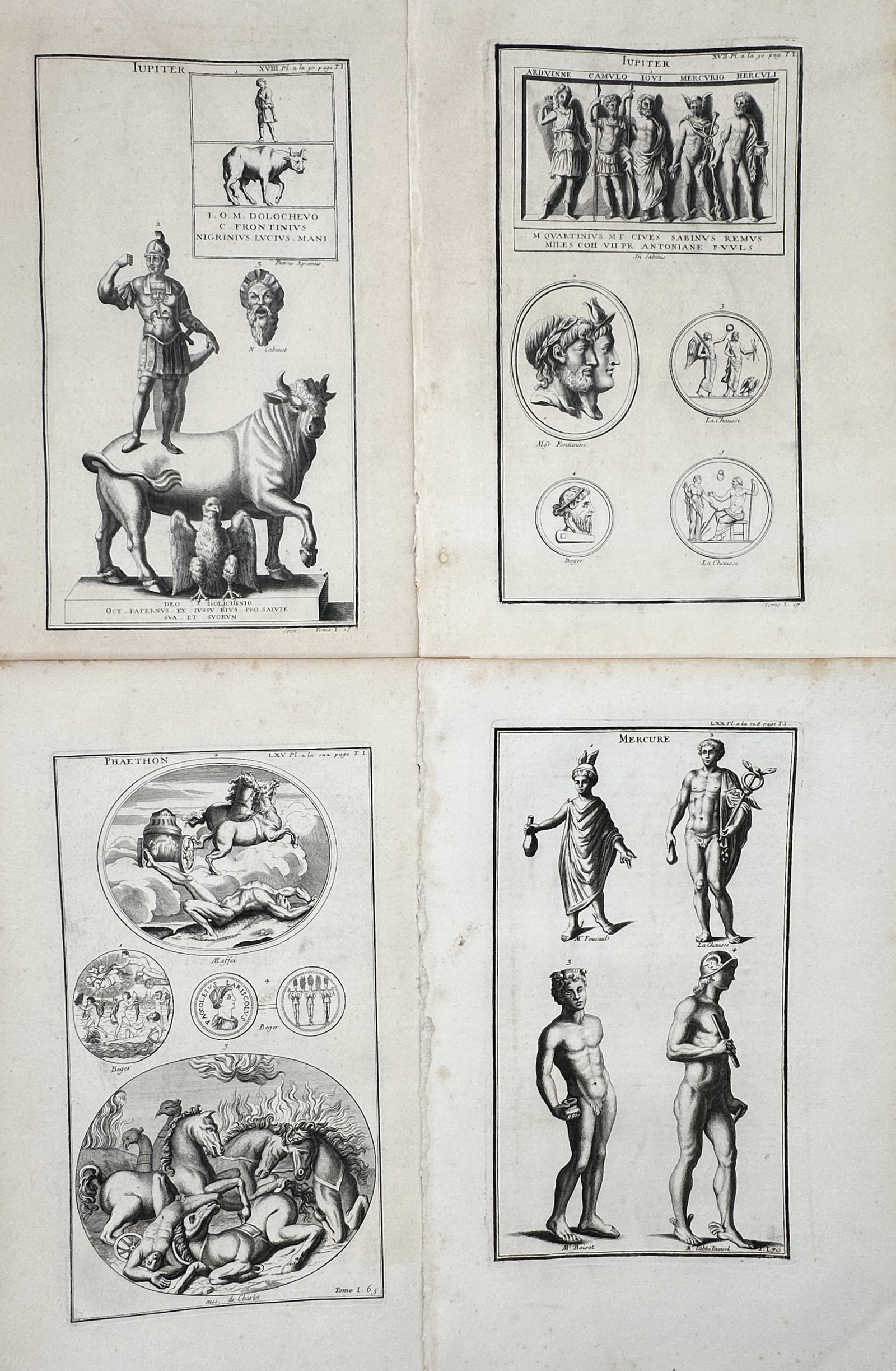 Bernard de Montfaucon – Set of 4: Mythological Figures, Classical Statues, and Numismatic Studies (1 of 2)