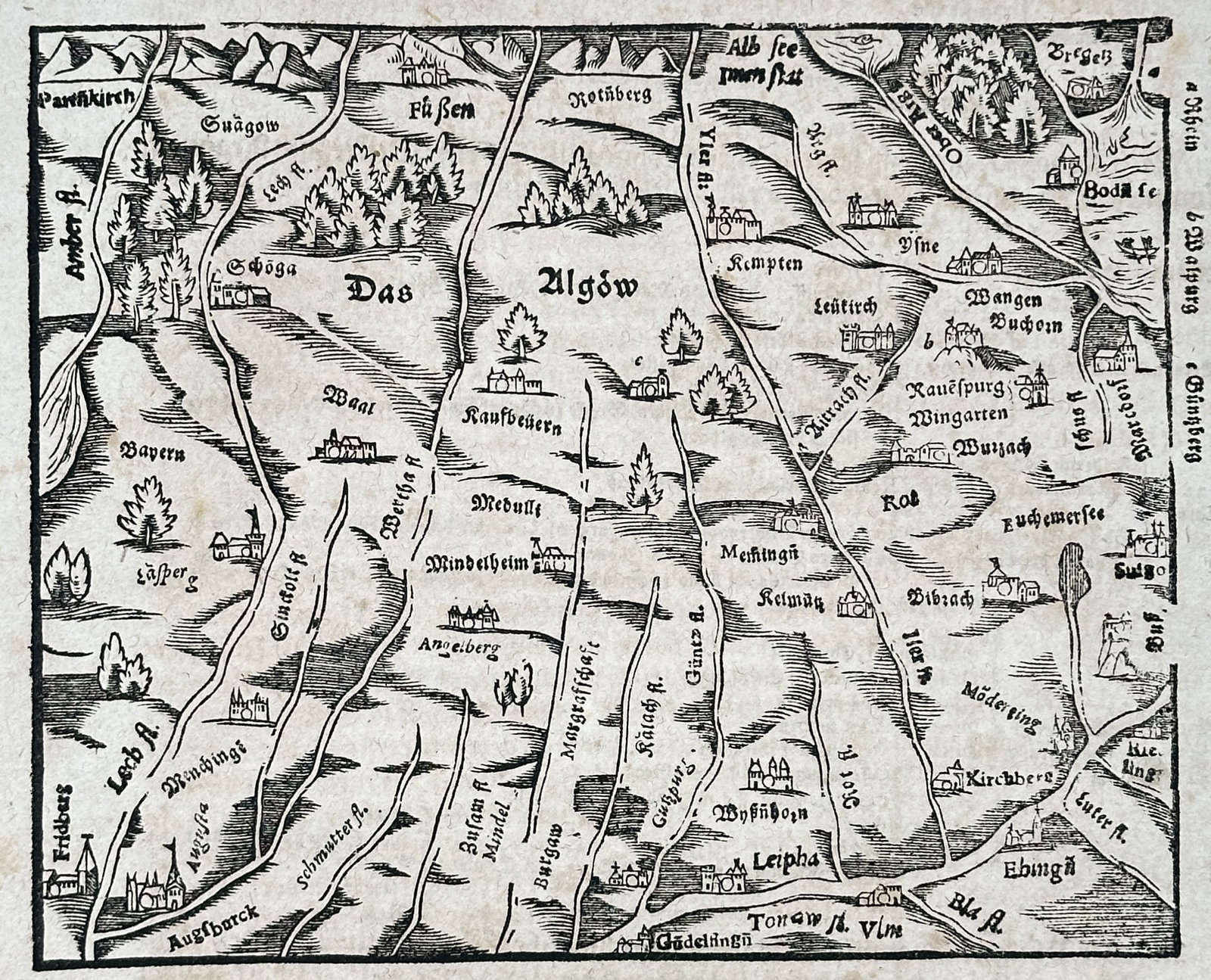 Sebastian Munster – Map of the Allgau Region – Germany – Engraving (16th Century): "Das Dritte Buch" This cartographic work illustrates a detailed regional map of the Allgau area, showcasing mountainous terrain, waterways, and local settlements. The historical map is accompanied by 