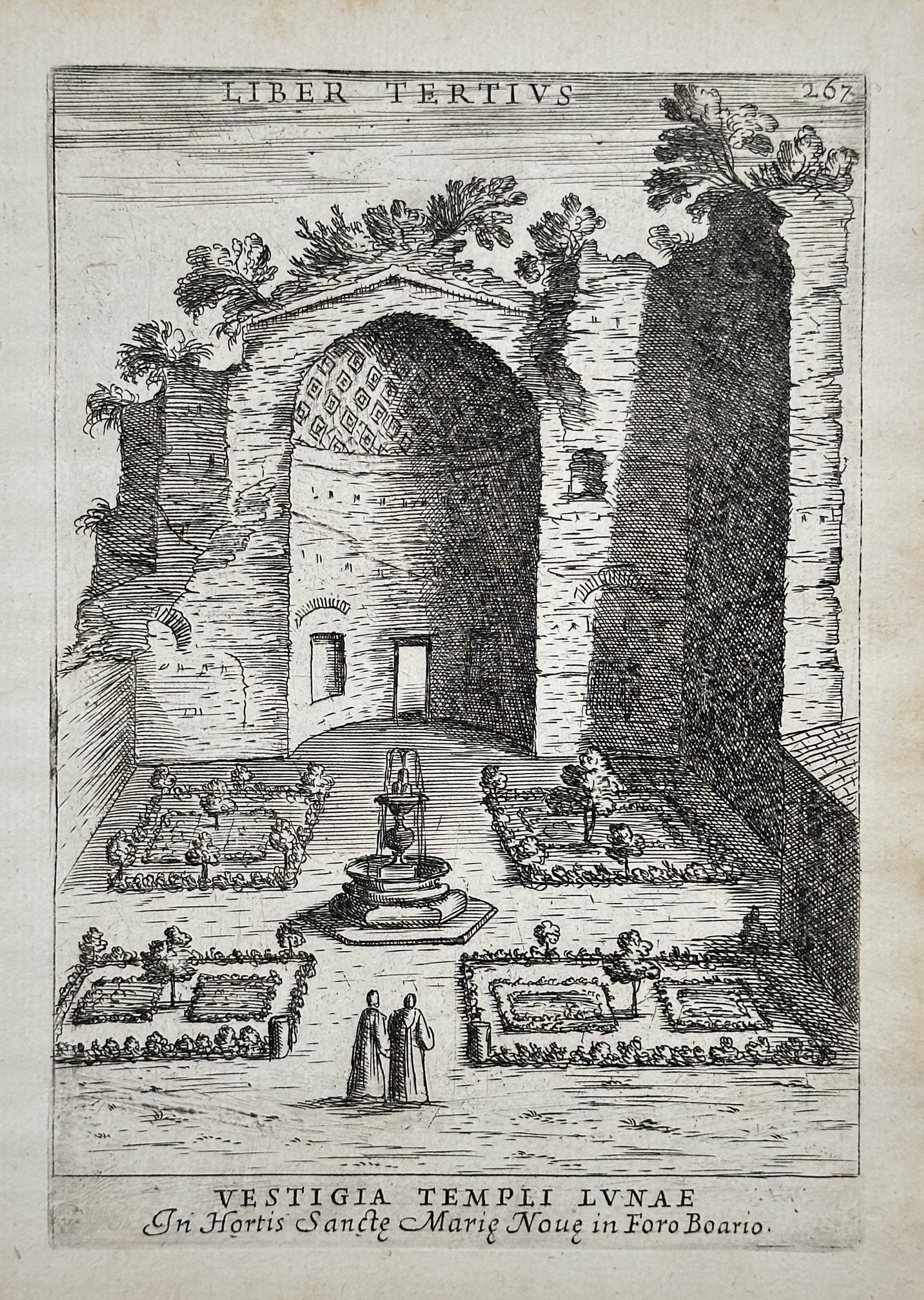 Alessandro Donati – Architectural Plate of the Ruins of the Temple of the Moon – Engraving: "Vestigia Templi Lunae" This architectural study illustrates the classical ruins of the ancient Roman Temple of the Moon, showcasing a large vaulted niche surrounded by courtyard gardens and a central
