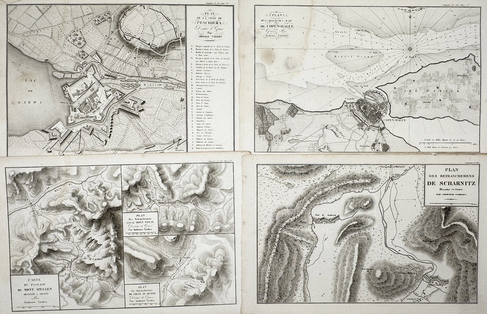 Ambroise Tardieu – Set of 4: Strategic Fortifications and Military Geography – Engravings: "Strategic Fortifications and Military Geography" This set consists of four items showcasing engineered defense layouts, maritime channels, and localized mountain topographies for historical and milit