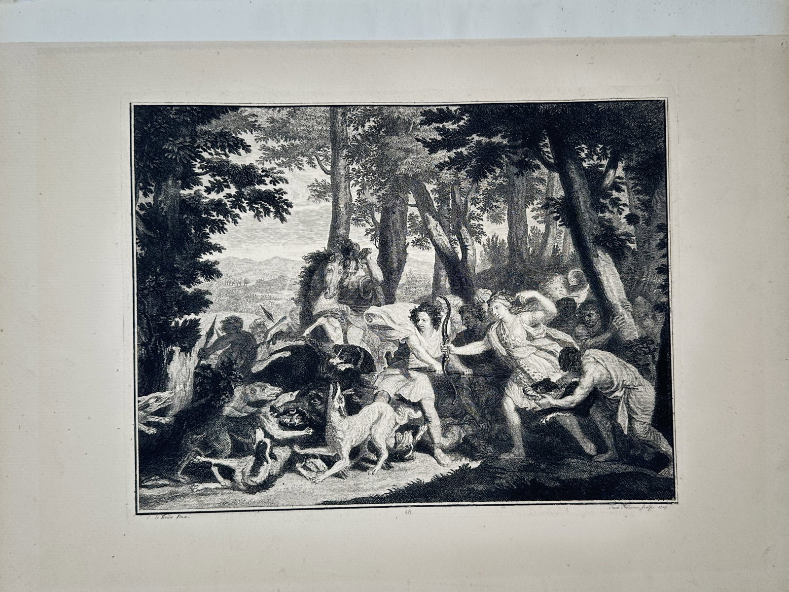 Charles Le Brun – The Calydonian Boar Hunt – Engraving (17th Century) (1 of 2)
