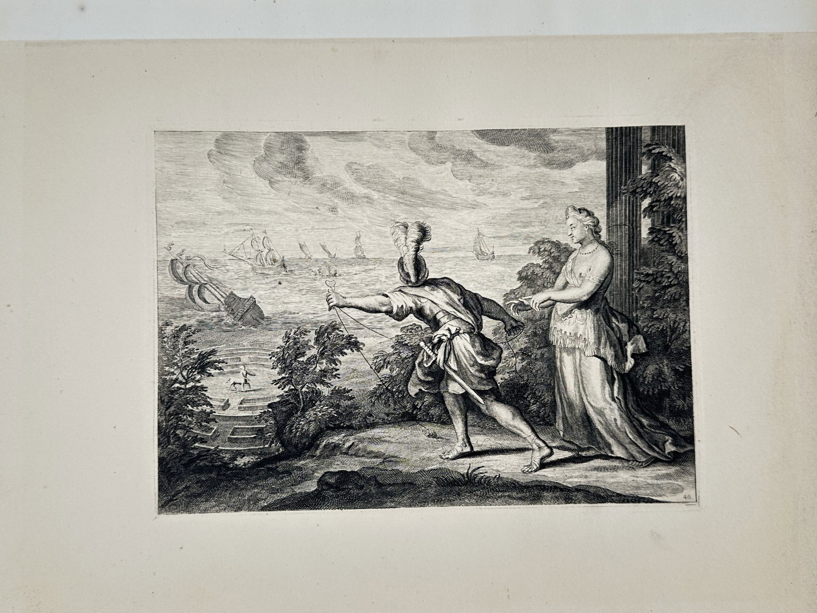 Charles Le Brun – Mythological Coastal Scene – Engraving (17th Century): "Mythological Coastal Scene" The work represents a dramatic classical narrative depicting figures on a rocky shore overlooking an expansive sea with sailing ships. This piece illustrates an epic alleg