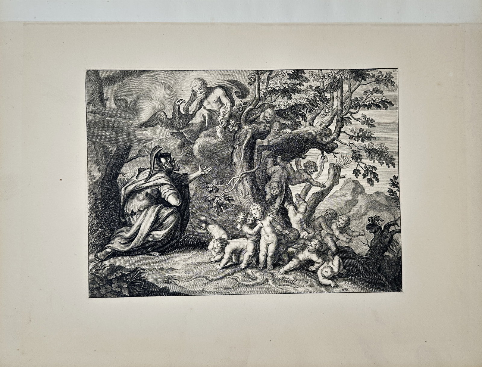 Charles Le Brun – Allegorical Scene with Jupiter – Engraving (17th Century): "Allegorical Scene with Jupiter" The work represents a dramatic classical narrative depicting a helmeted figure kneeling in reverence before a divine manifestation in the clouds accompanied by an eagl