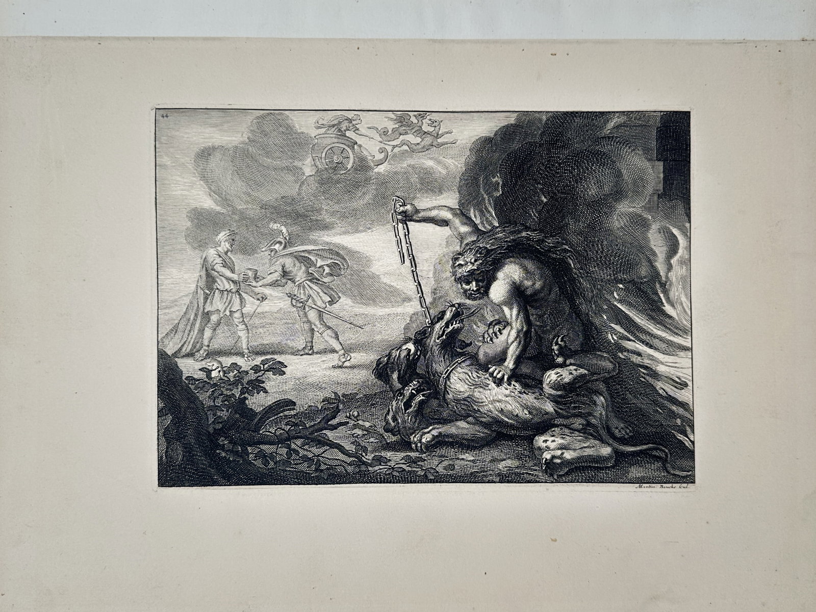Charles Le Brun – Hercules and Cerberus – Engraving (17th Century): "Hercules and Cerberus" The work represents a dramatic classical narrative depicting the legendary hero restraining the multi-headed hound of the underworld using a heavy chain. This piece illustrates