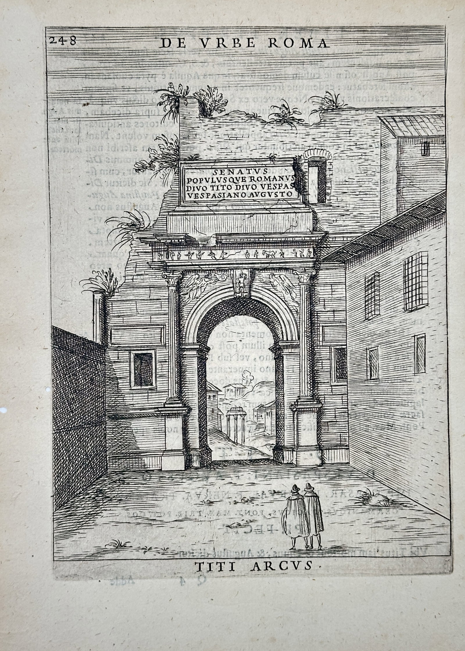 Alessandro Donati – Arch of Titus – Engraving (17th Century): "Titi Arcvs" The work represents an architectural study of the ancient Arch of Titus in Rome, depicting the monumental triumphal arch integrated into surrounding walls and structures. This print docum