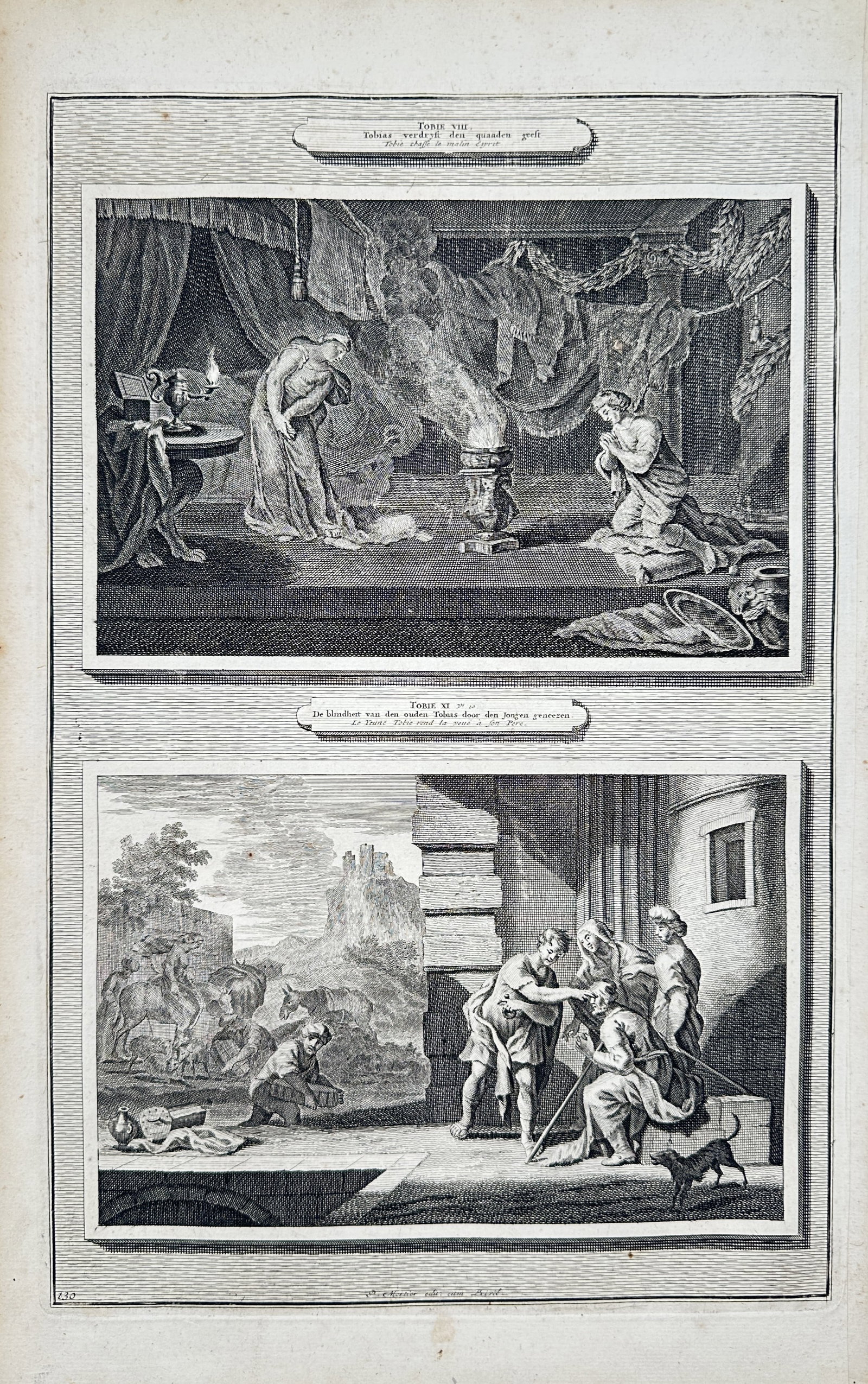 Pierre Mortier – Biblical Scenes from the Book of Tobit – Engraving (18th Century): "Tobias Verdryft den Quaden Geest" The work represents a dramatic biblical narrative depicting key scenes from the Book of Tobit, including the banishment of an evil spirit and a healing intervention.