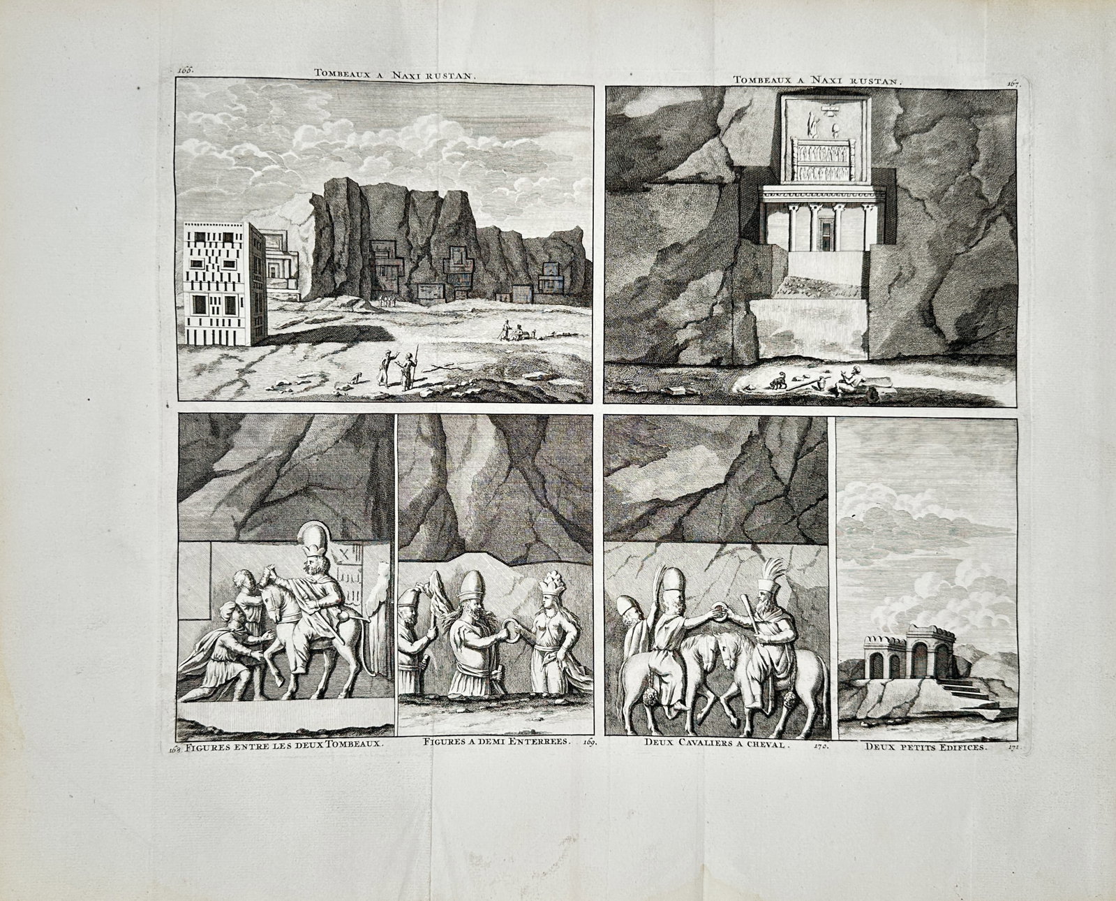 Cornelis de Bruijn – Tombs at Naqsh-e Rustam – Engraving (1711): "Tombeaux a Naxi Rustan" The work represents an archaeological study divided into multiple panels depicting the ancient rock-cut tombs, rock reliefs, and structures at the historical site of Naqsh-e R
