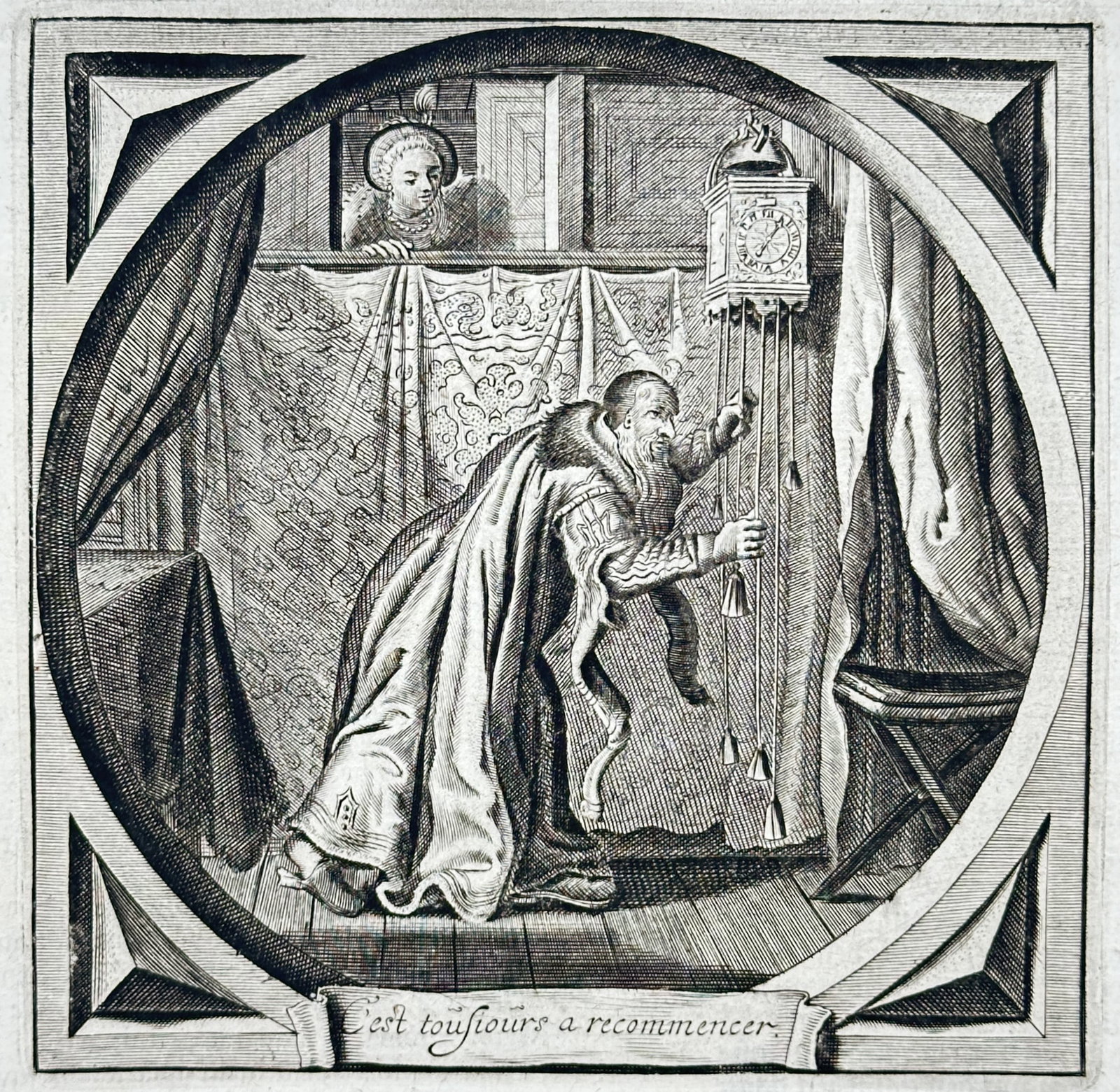 Jacob Cats – Emblematic Scene with an Old Man and a Clock – Engraving (17th Century) (1 of 3)