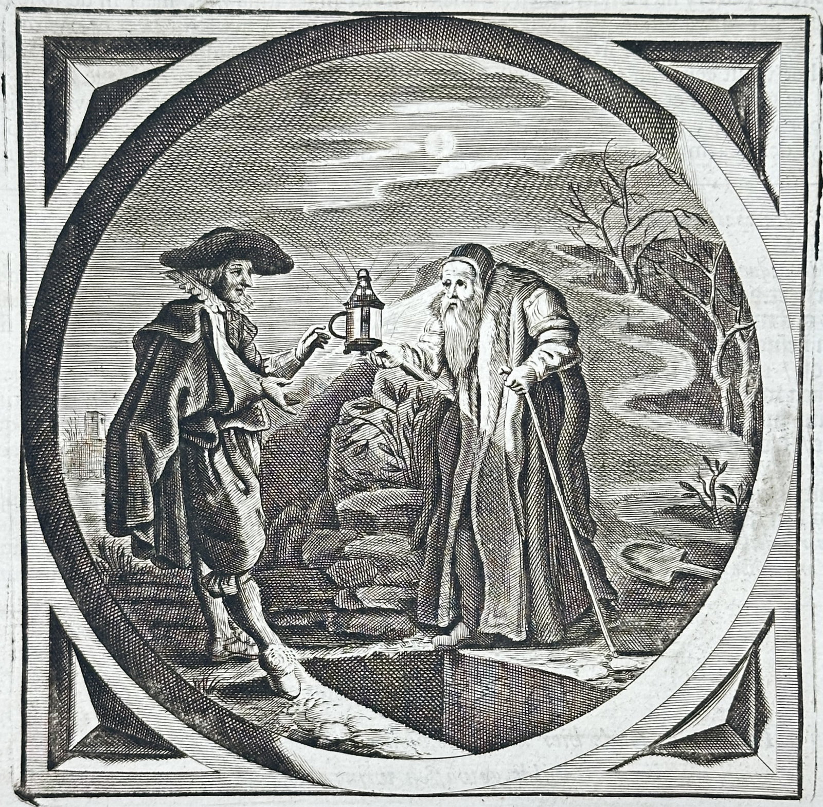 Jacob Cats – Emblematic Scene with an Older and Younger Man – Engraving (17th Century) (1 of 3)