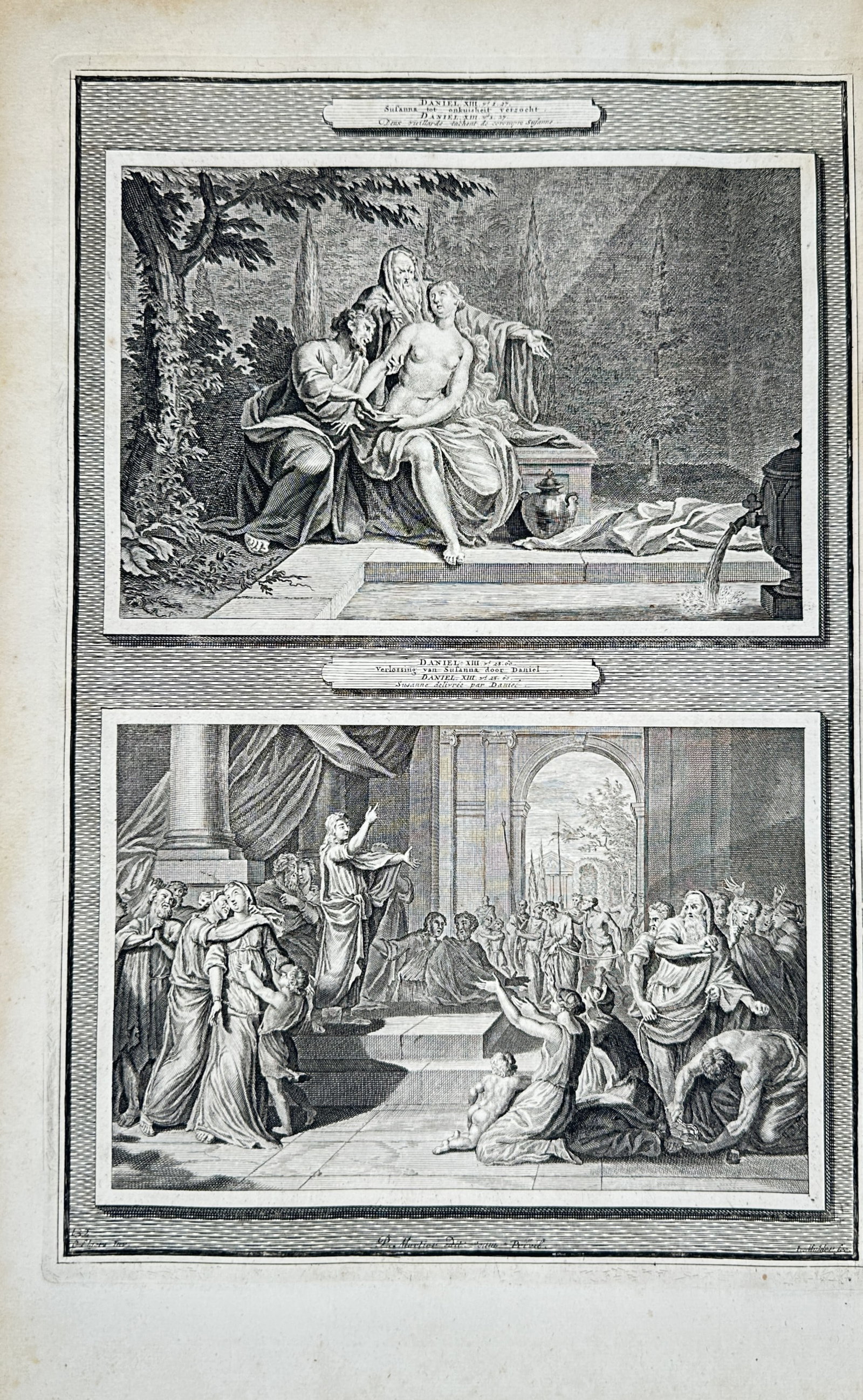 Pierre Mortier – Biblical Scenes from the Book of Daniel – Engraving (18th Century): "Susanna Surprised by Wickedness" The work represents a dramatic biblical narrative depicting historical episodes from the Book of Daniel, including the story of Susanna at her bath approached by the 