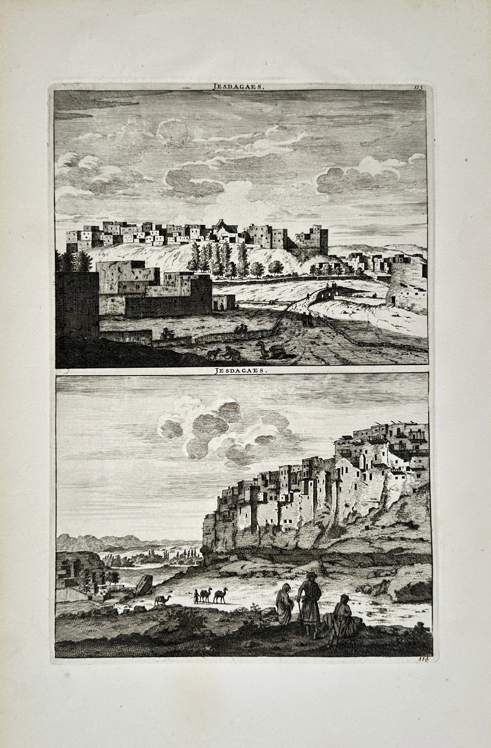 Cornelis de Bruijn – Views of Yazdikhast – Engraving (1714): "Jesdagaes" The work represents a multi-panel topographic and landscape study depicting the distinctive regional architecture and dense settlement of Yazdikhast built upon a dramatic rock formation. T