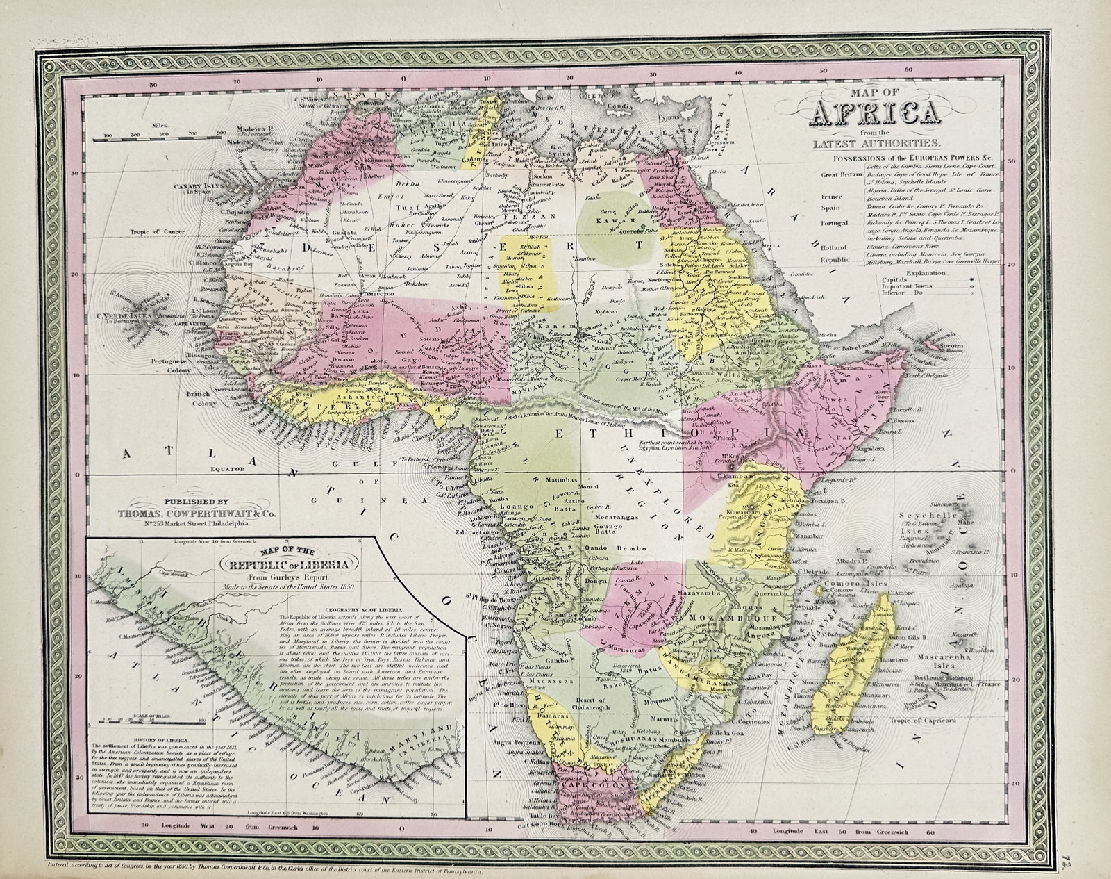 Thomas Cowperthwait – Map of Africa – Engraving (1850): "Africa" The work represents a detailed cartographic study displaying the regional borders, waterways, and topographical features of the continent as published by Thomas Cowperthwait in 1850. This map