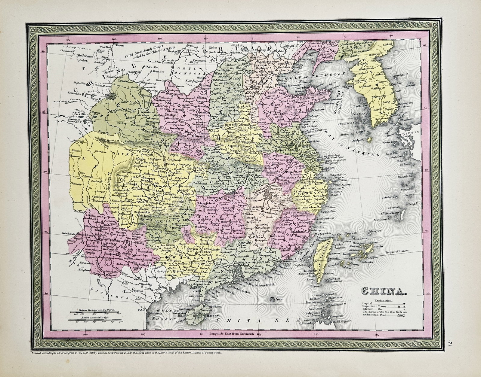 Thomas Cowperthwait – Map of China – Engraving (1850): "China" The work represents a detailed cartographic study displaying the regional borders, waterways, and topographical features of the empire as published by Thomas Cowperthwait in 1850. This map ser