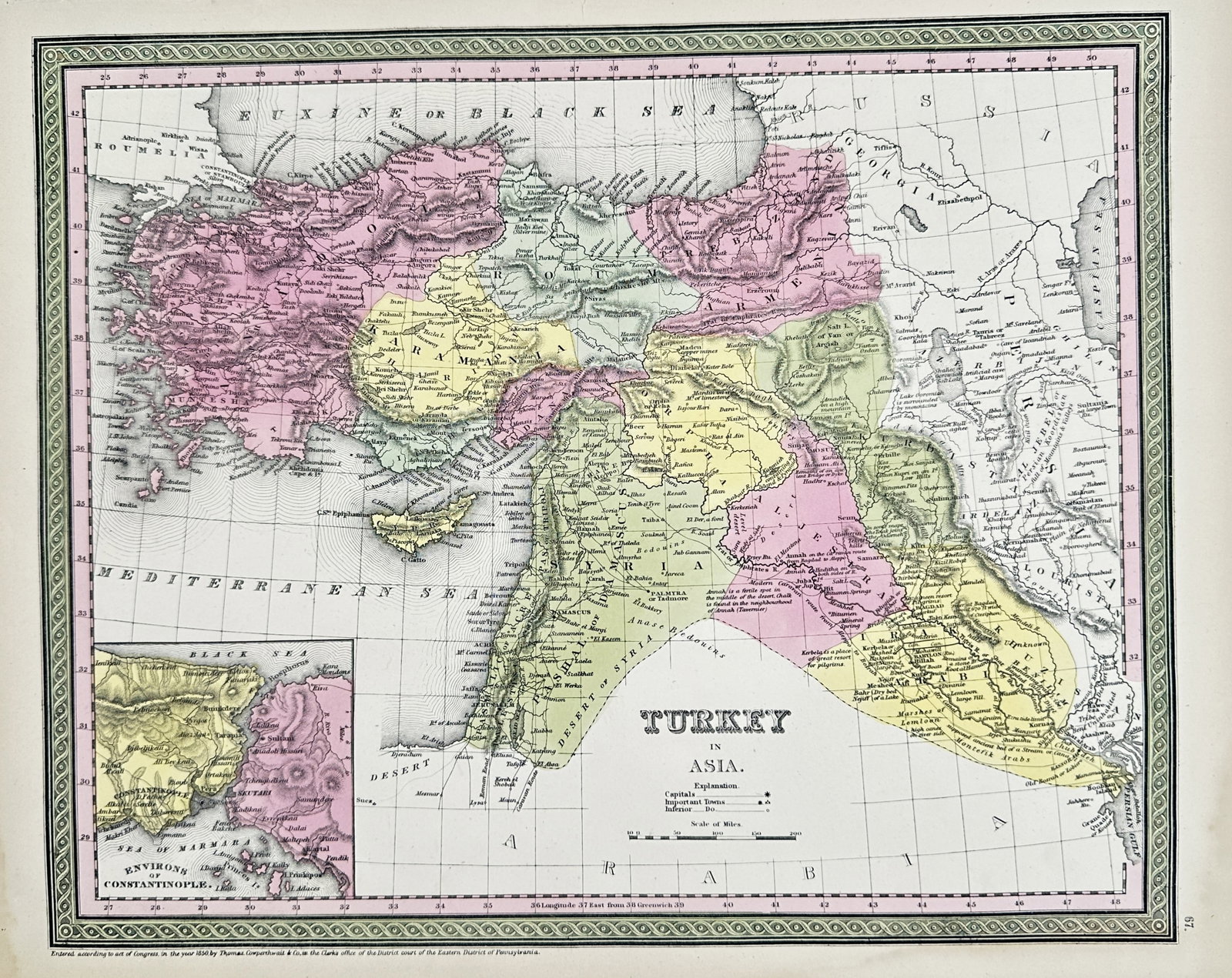 Thomas Cowperthwait – Map of Turkey in Asia – Engraving (1850): "Turkey in Asia" The work represents a detailed cartographic study displaying the regional borders, waterways, and topographical features of the territory as published by Thomas Cowperthwait in 1850. 