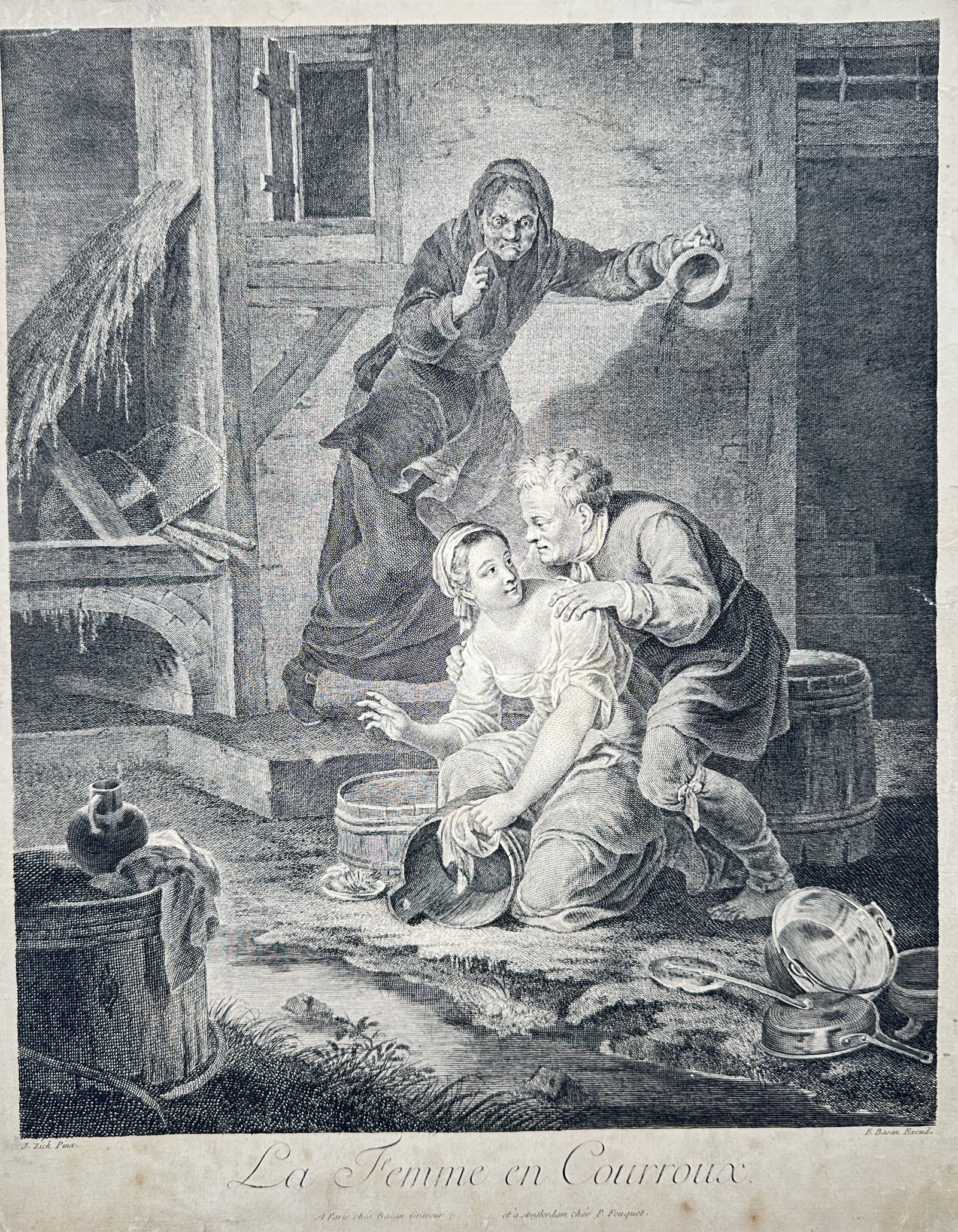 Januarius Zick – The Angry Woman – Engraving (18th Century): "La Femme en Courroux" The work represents a narrative genre scene illustrating a domestic confrontation where an older woman gestures angrily toward a young couple washing dishes outdoors. This drama