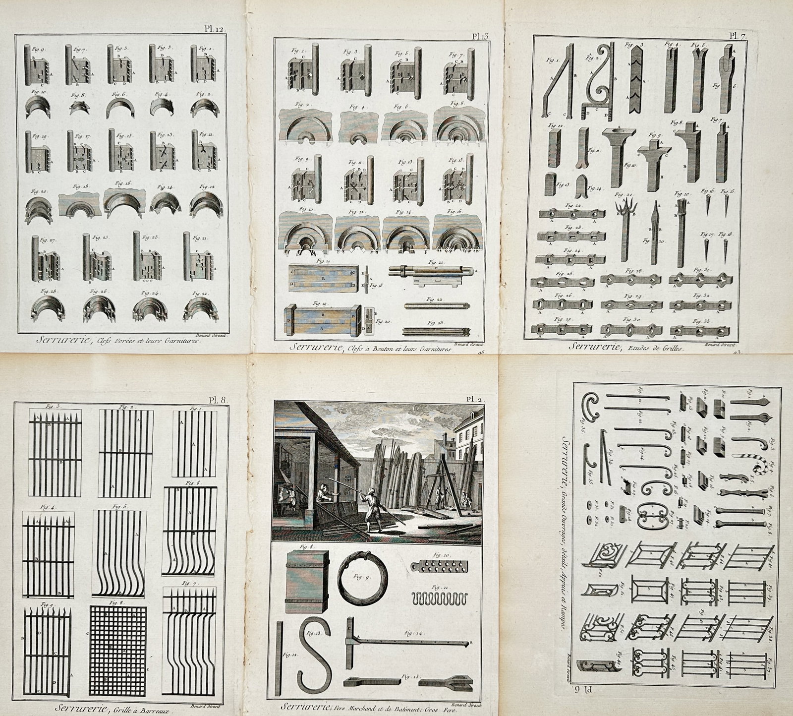 Robert Bénard – Set of 6: Locksmithing and Ironwork – Engravings (18th Century) (1 of 2)