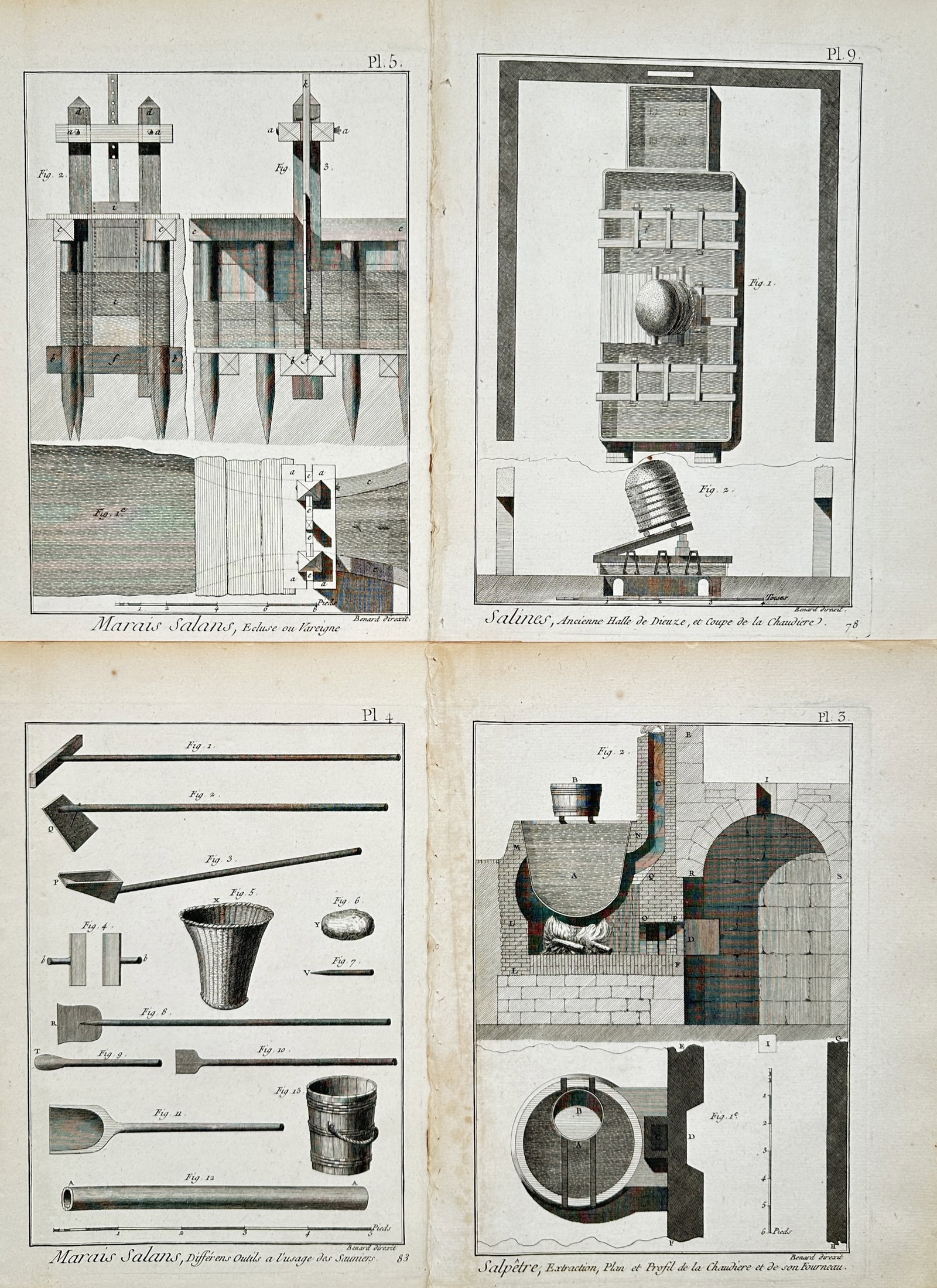 Robert Bénard – Set of 4: Salt Marshes, Salt Works, and Saltpeter Extraction – Engravings (1 of 2)