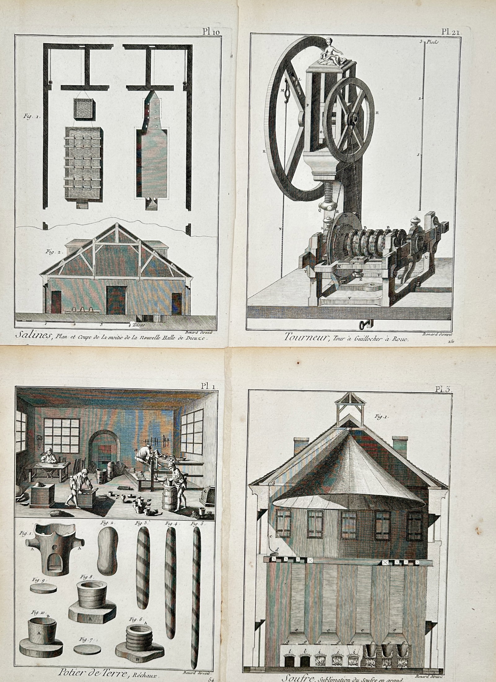 Robert Bénard – Set of 4: Salt Works, Turning, Pottery, and Sulphur Sublimation – Engravings (1 of 2)