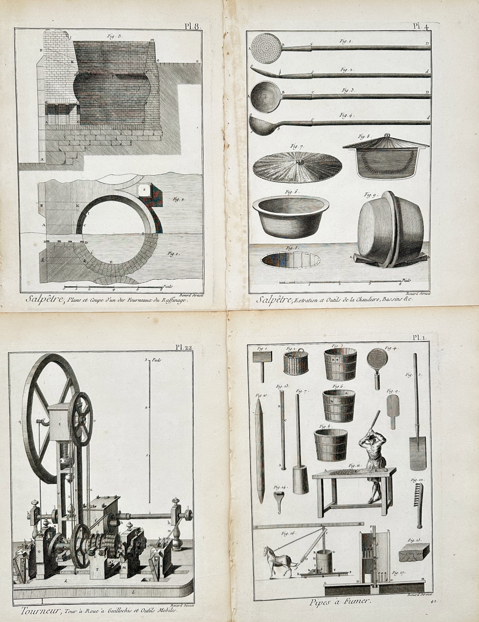 Robert Bénard – Set of 4: Saltpeter Extraction, Turning, and Tobacco Pipe Making – Engravings: "Saltpeter Processing, Engine Turning, and Tobacco Pipe Manufacturing" The work represents a technical study illustrating architectural cross-sections of refining furnaces, specialized boiler utensils