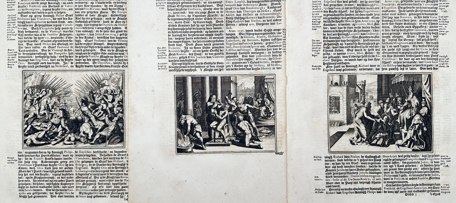Johann Ludwig Gottfried – Set of 3: Historical Chronicle Scenes – Engravings (17th Century): "Historical Chronicle and Narrative Illustrations" The work represents a historical study illustrating vivid narrative scenes including a chaotic battlefield engagement, an interior scene with classic