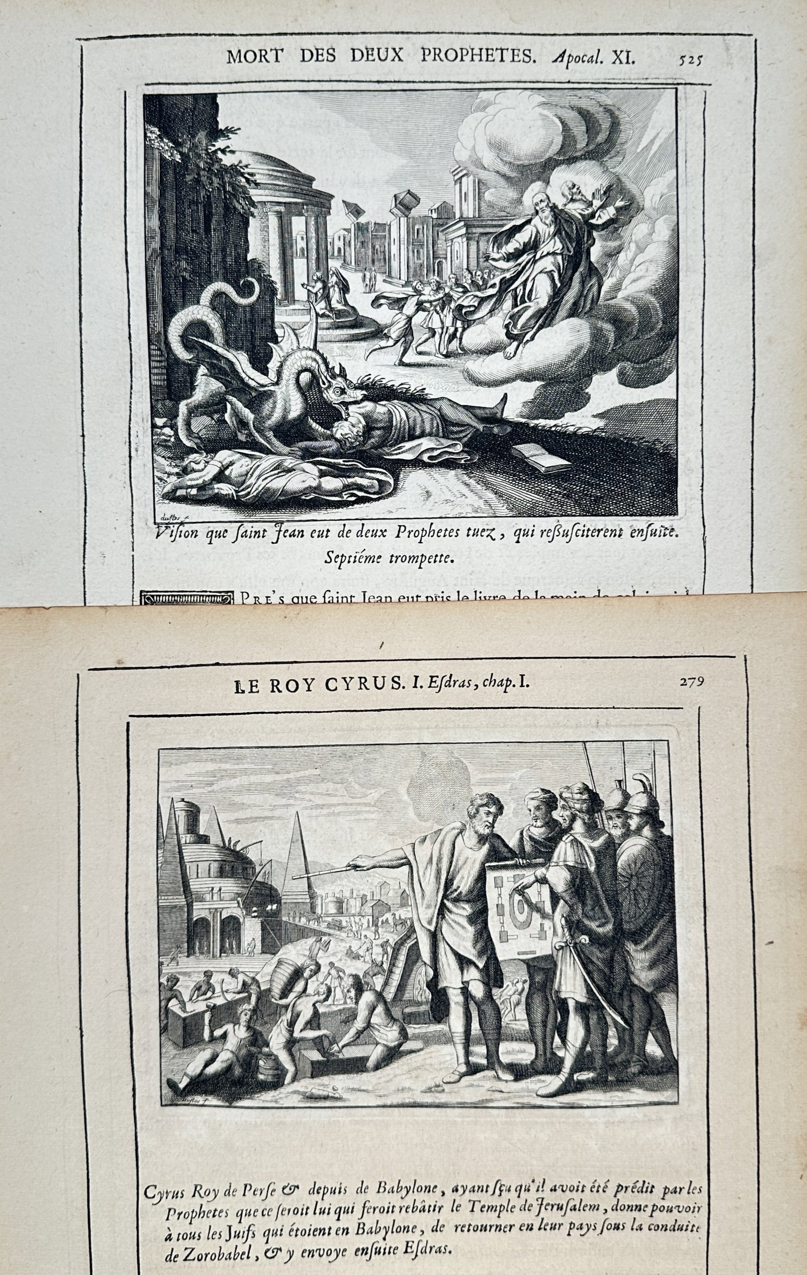 Nicolas Fontaine – Set of 2: Biblical Scenes – Engravings (17th Century): "Mort des Deux Prophetes and Le Roy Cyrus" The work represents a biblical study illustrating dramatic narrative scenes from the Old and New Testaments, including the apocalyptic death of the two proph