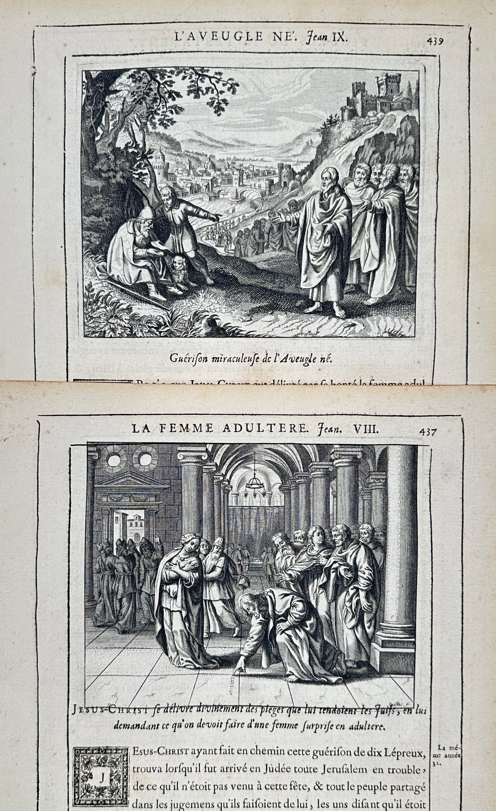 Nicolas Fontaine – Set of 2: Biblical Healing and the Adulterous Woman – Engravings (17th: "L'Aveugle Né and La Femme Adultere" The work represents a biblical study illustrating dramatic narrative scenes from the New Testament, including the miraculous healing of the man born blind set aga