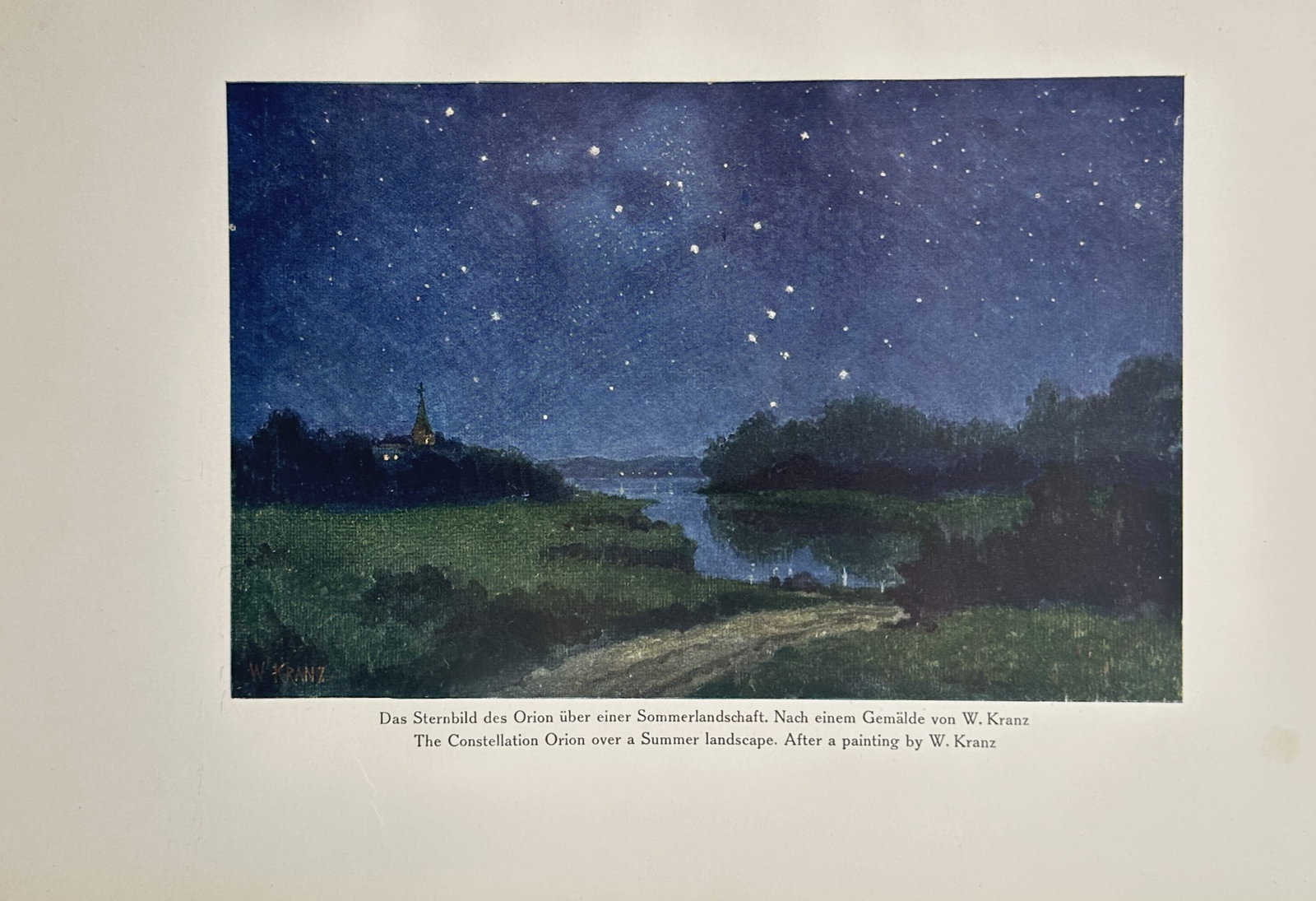 Wilhelm Kranz – The Constellation Orion over a Summer Landscape – Offset Lithograph (1902): "Das Sternbild des Orion über einer Sommerlandschaft" This print depicts the prominent constellation of Orion shining in the starry night sky over a quiet river valley. The work was published as an i