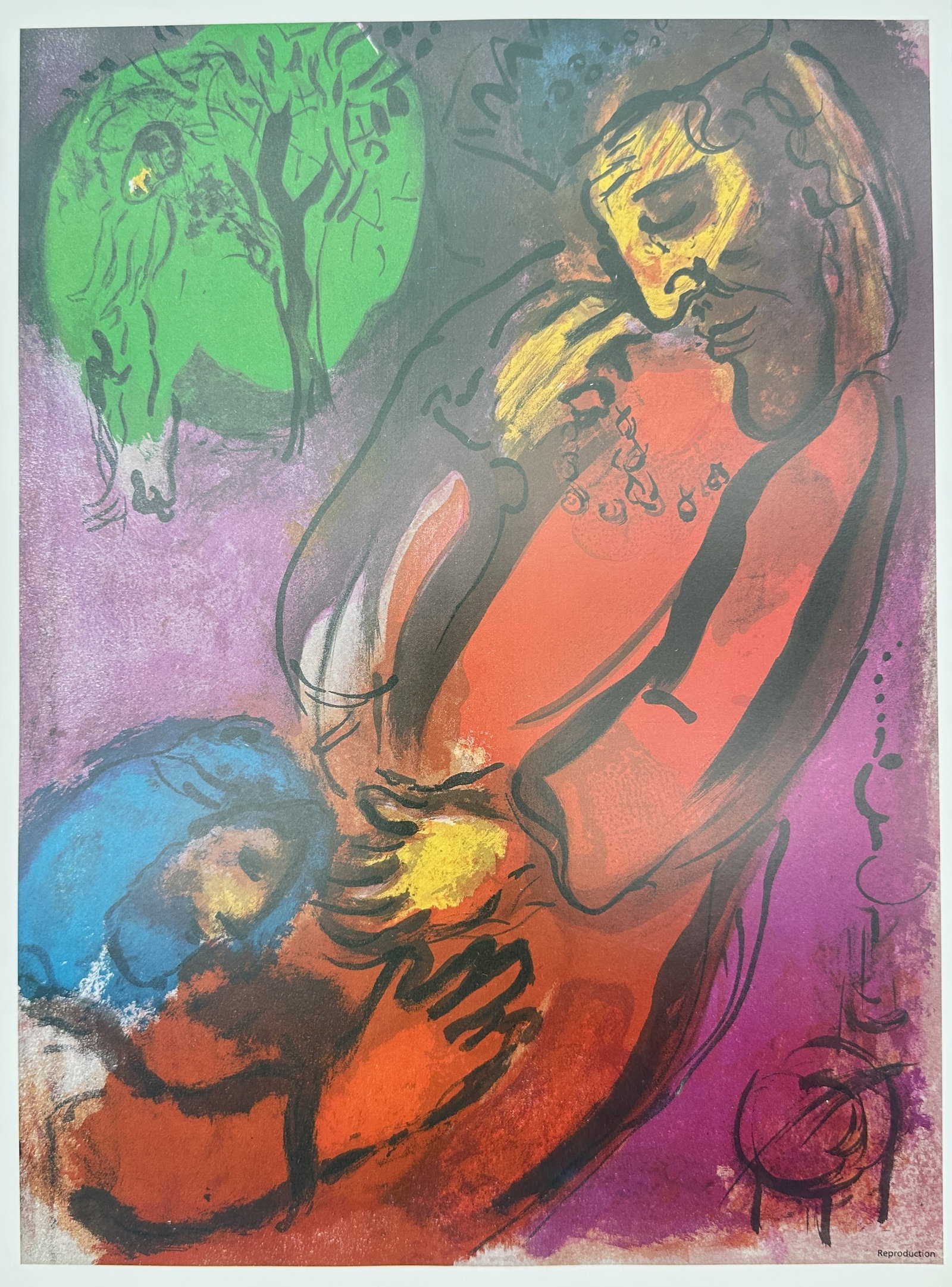 Marc Chagall,after – Rachel Hides Her Father's Household Gods – Offset print (20th Century): "Rachel Hides Her Father's Household Gods" This expressive composition depicts a poetic biblical narrative featuring figures rendered in vivid shades of red, blue, and green. The print captures a dram