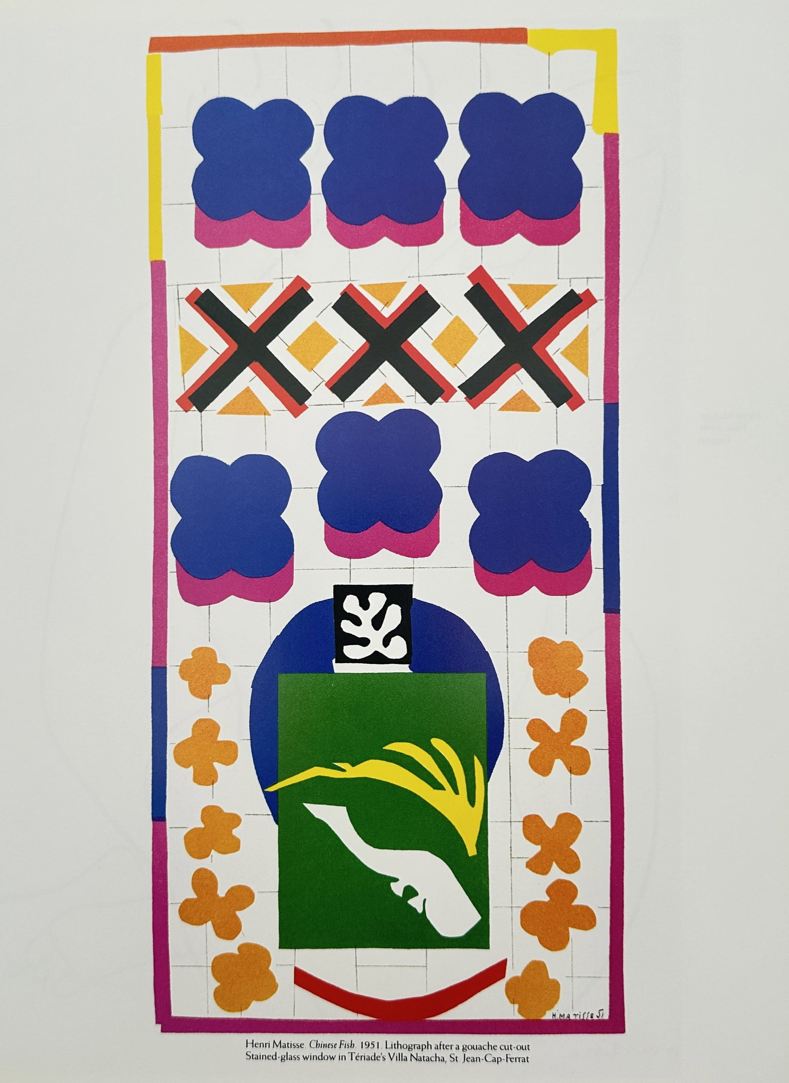 Henri Matisse,after – Chinese Fish – Offset print (20th Century): "Chinese Fish" This print displays a highly stylized, decorative composition featuring bold geometric patterns and vibrant floral and fish-like forms in contrasting colors. The work replicates a maque