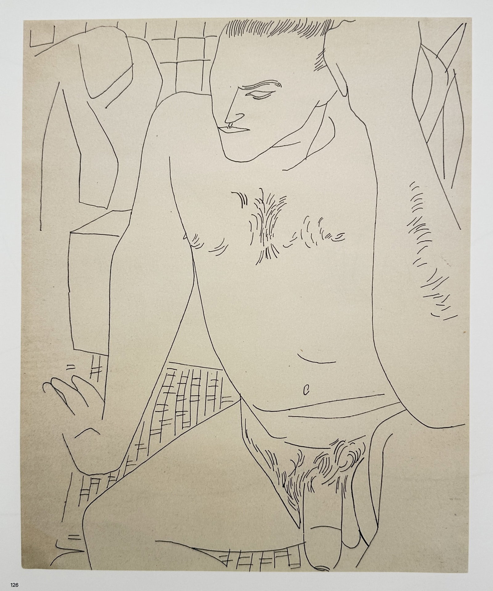 Andy Warhol,after – Seated Male Nude – Offset lithographic reproduction (2006): "Seated Male Nude" This print features a minimalist line drawing of a seated male figure rendered with clean, expressive contours on a neutral background. The piece is sourced from the comprehensive m