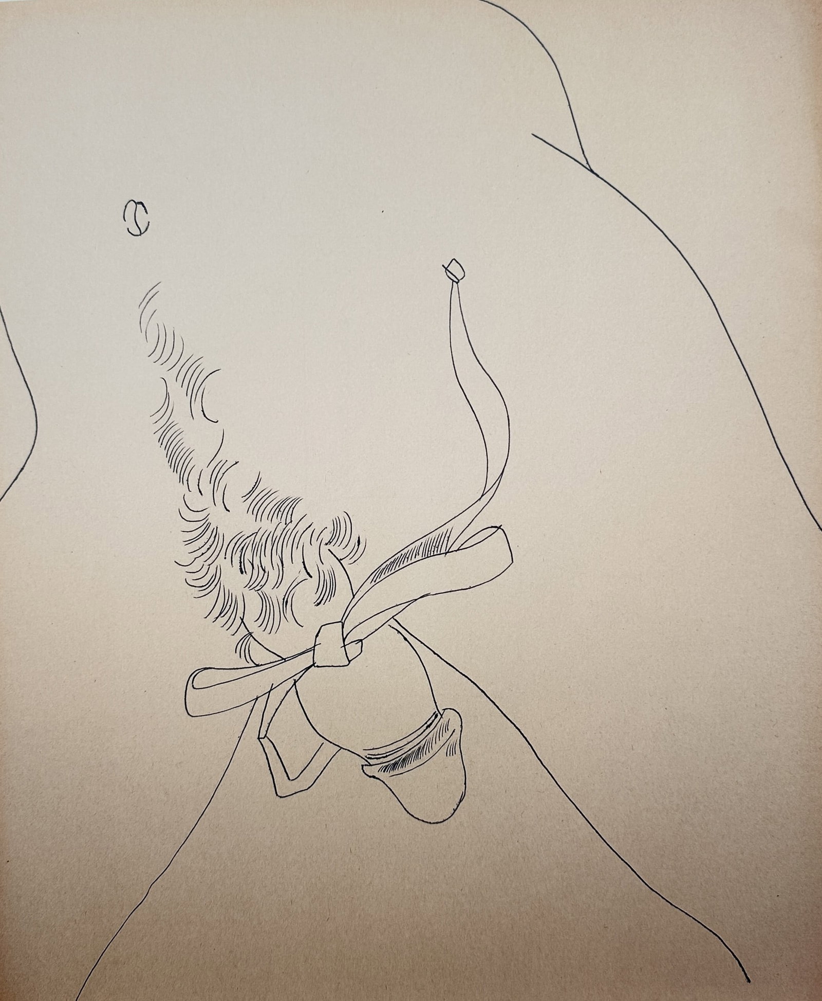 Andy Warhol,after – Torso with Bow – Offset lithographic reproduction (2006): "Torso with Bow" This print showcases a minimalist line drawing of a male torso featuring a delicate ribbon tied in a bow. The piece is sourced from the comprehensive monograph Giant Size, published b