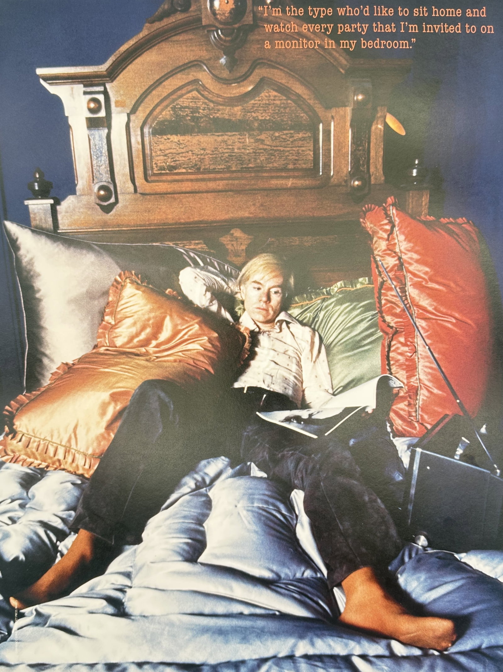 Andy Warhol,after – Andy Warhol in Bed – Offset lithographic reproduction (2006): "Andy Warhol in Bed" This print depicts the artist relaxing amongst decorative cushions on a large wooden bed alongside a printed quote reflecting on voyeurism and social gatherings. The work is featu