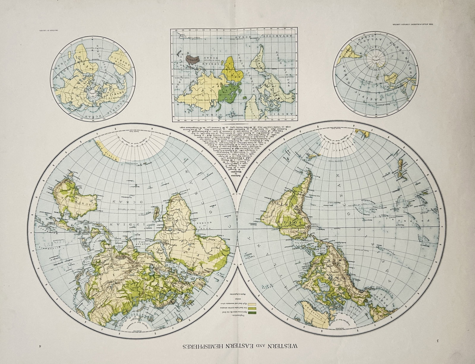 The Atlas Publishing Company – Map of Western and Eastern Hemispheres – World – Lithograph: "Western and Eastern Hemispheres" This map depicts a comprehensive global view featuring two main circular projections of the western and eastern hemispheres alongside smaller polar and Mercator inset