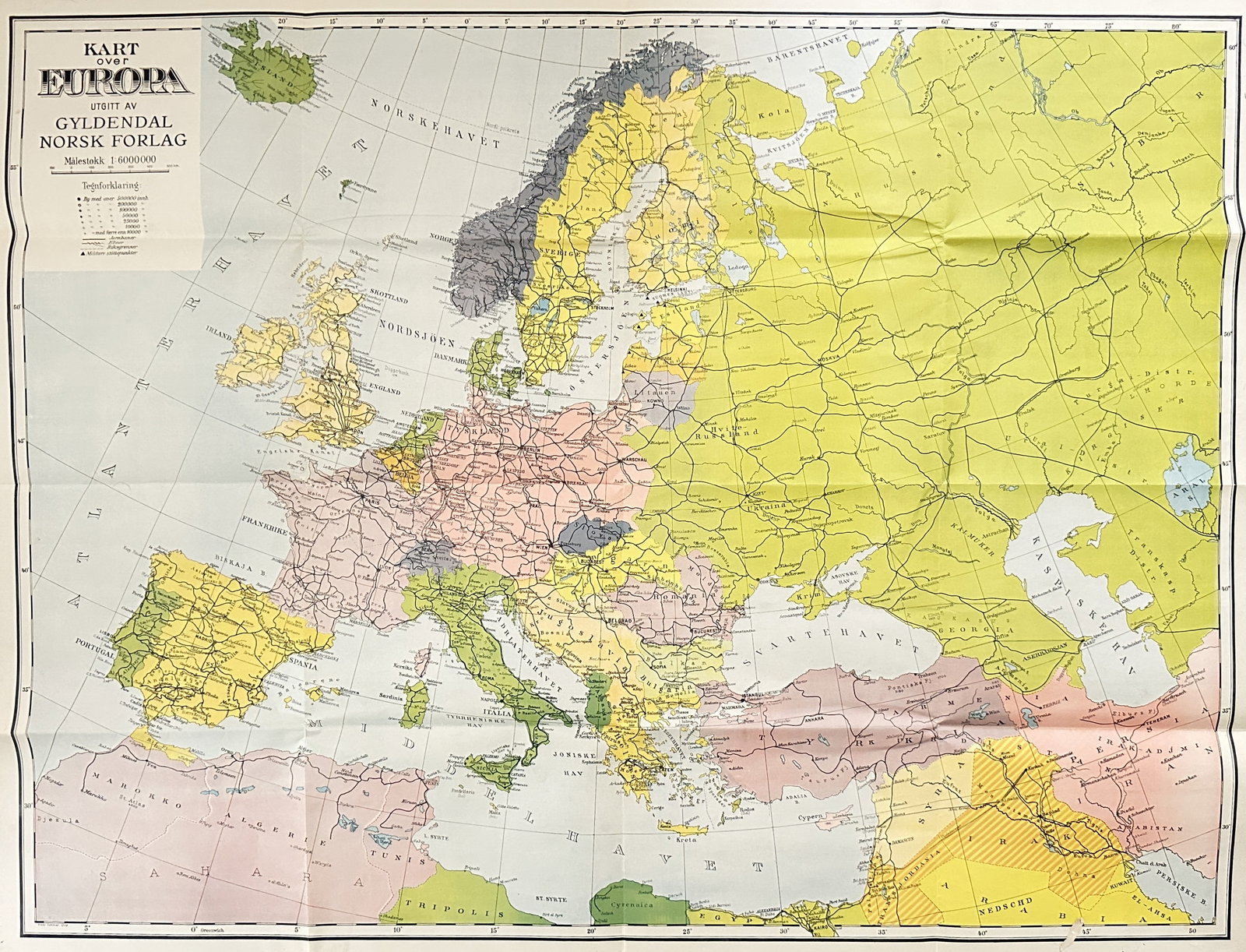 Einar Schloier – Map of Europe – Lithograph (20th Century): "Map of Europe" This lithographic map presents a detailed color-coded overview of the European continent, highlighting international borders, major countries, and primary transport networks. The work 