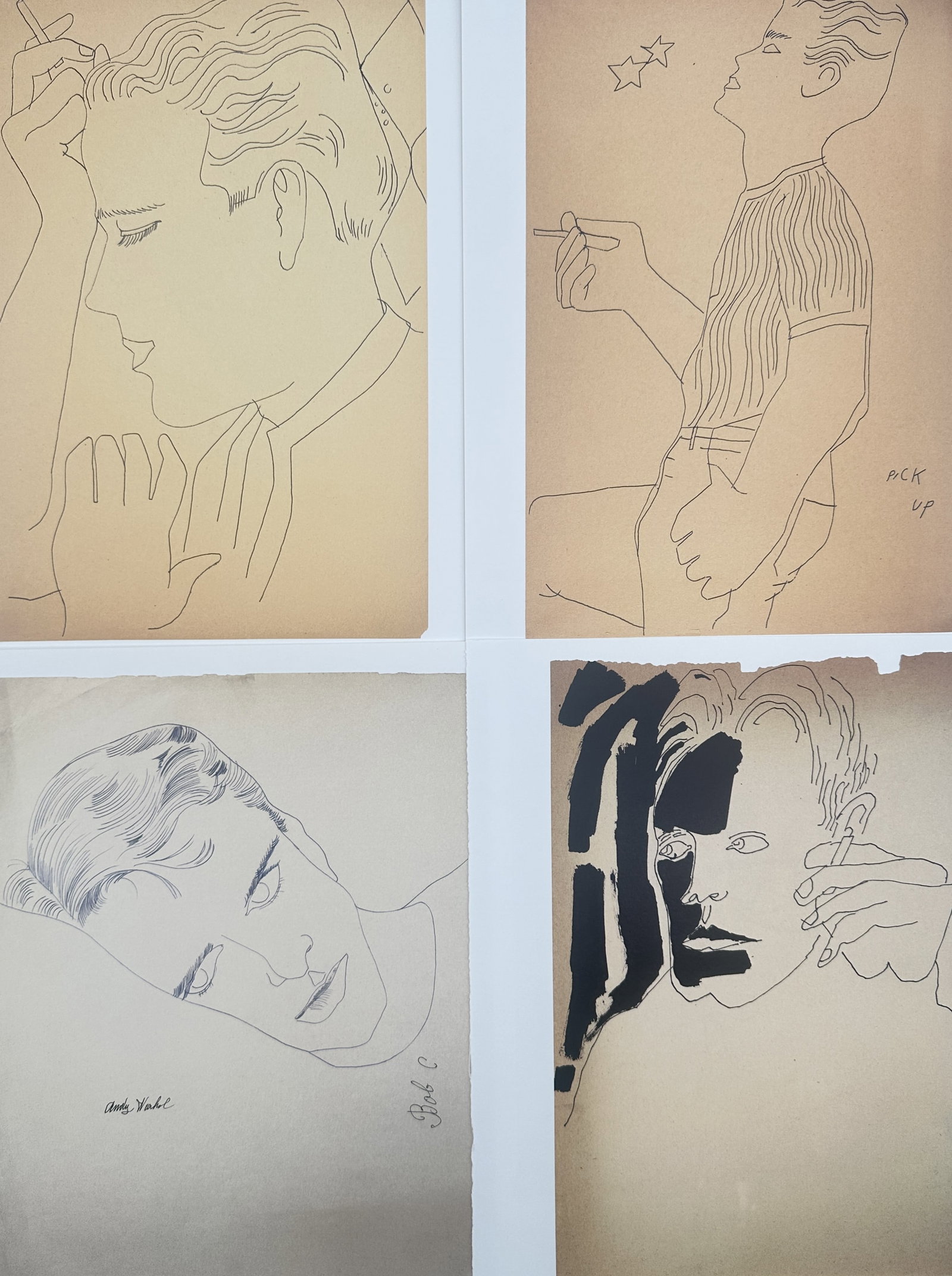Andy Warhol,after – Set of 4: Male Profiles and Portrait Studies – Offset lithographic: "Male Profiles and Portrait Studies" This set of four prints displays minimalist contour line drawings depicting close-up male portraits and figures inside profile. The sheets are sourced from the com
