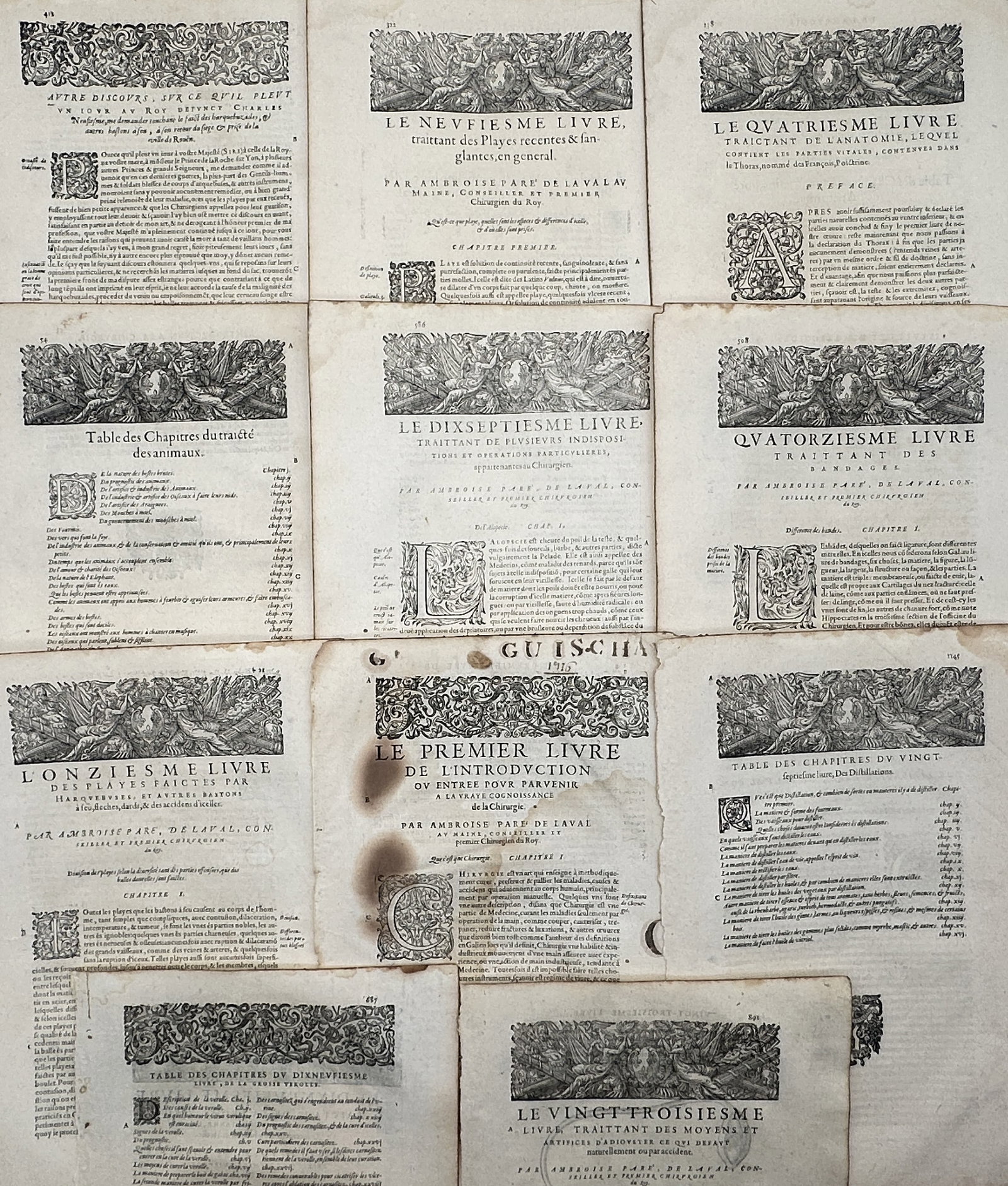Ambroise Pare – Set of 12: Medical and Surgical Treatise Pages – Woodcuts (16th Century): "Treatises of Anatomy and Surgery" This set of twelve prints displays detailed typographic layouts featuring classical decorative headpieces and illustrated historiated initials alongside historical F
