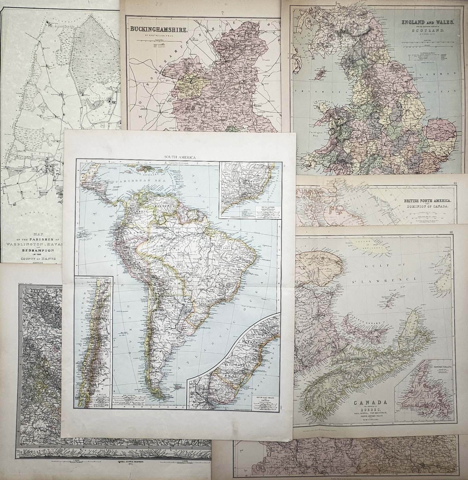 Various authors – Set of 8: Map Studies of Great Britain, Canada, and South America – Engravings (1 of 2)