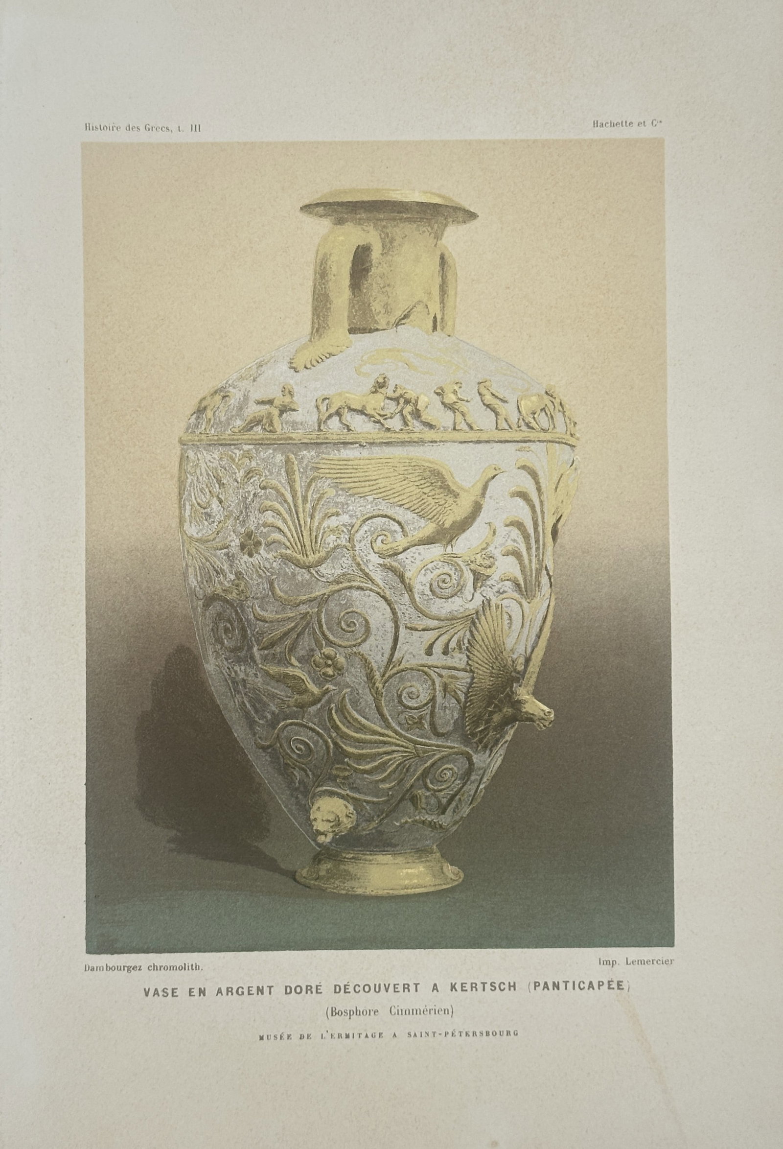 Victor Duruy – Gilded Silver Vase from Kerch – Chromolithograph (19th Century): "Gilded Silver Vase Discovered at Kerch" This print presents an archaeological study illustrating a highly ornate antique vessel adorned with relief carvings of figures, birds, and intricate foliage. 