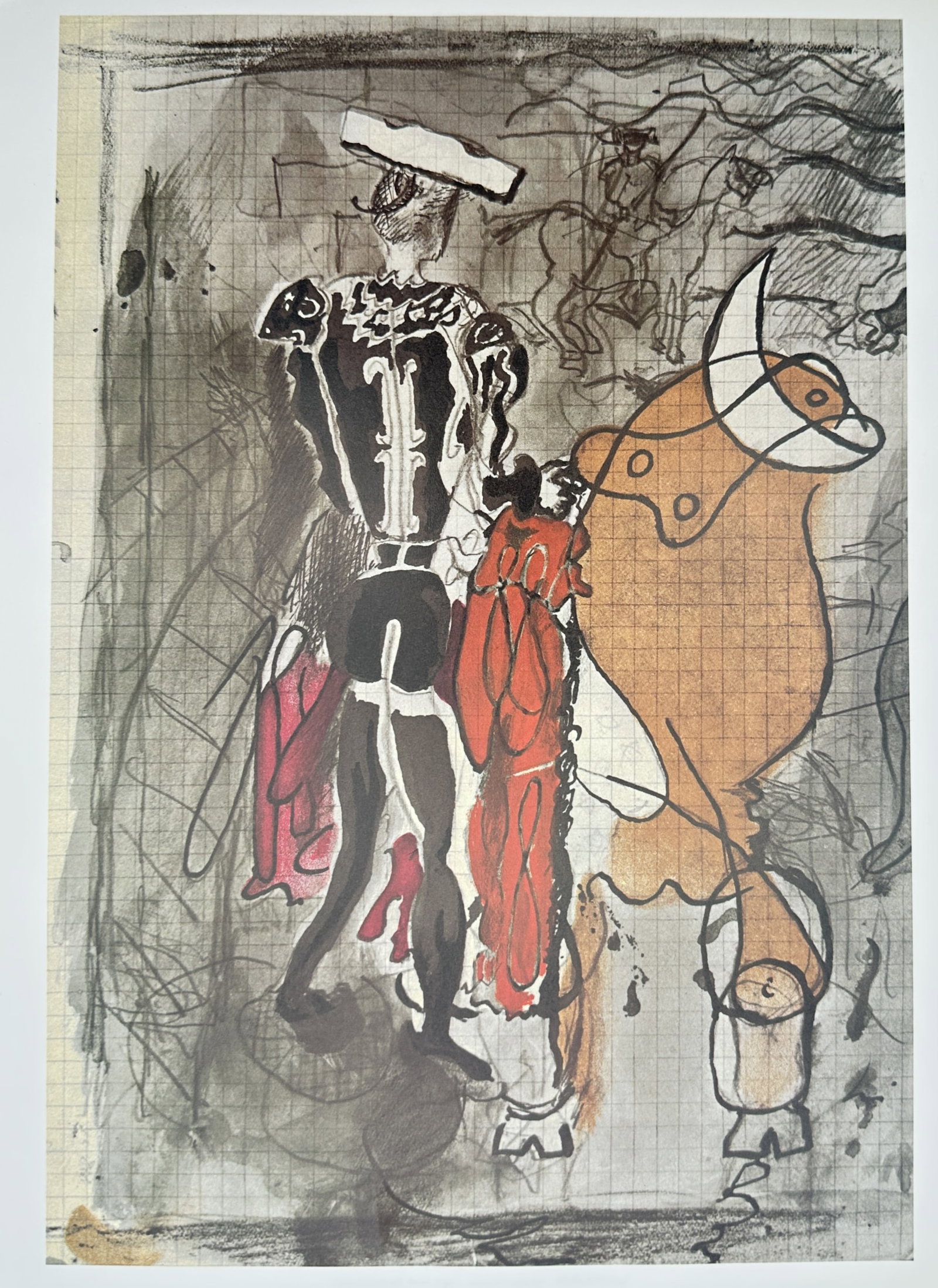Georges Braque,after – The Bullfight – Offset print (20th Century): "The Bullfight" This print features an expressive, sketch-like study of a matador facing a bull on grid paper. The composition replicates a page from the artist's personal notebooks, capturing spontan