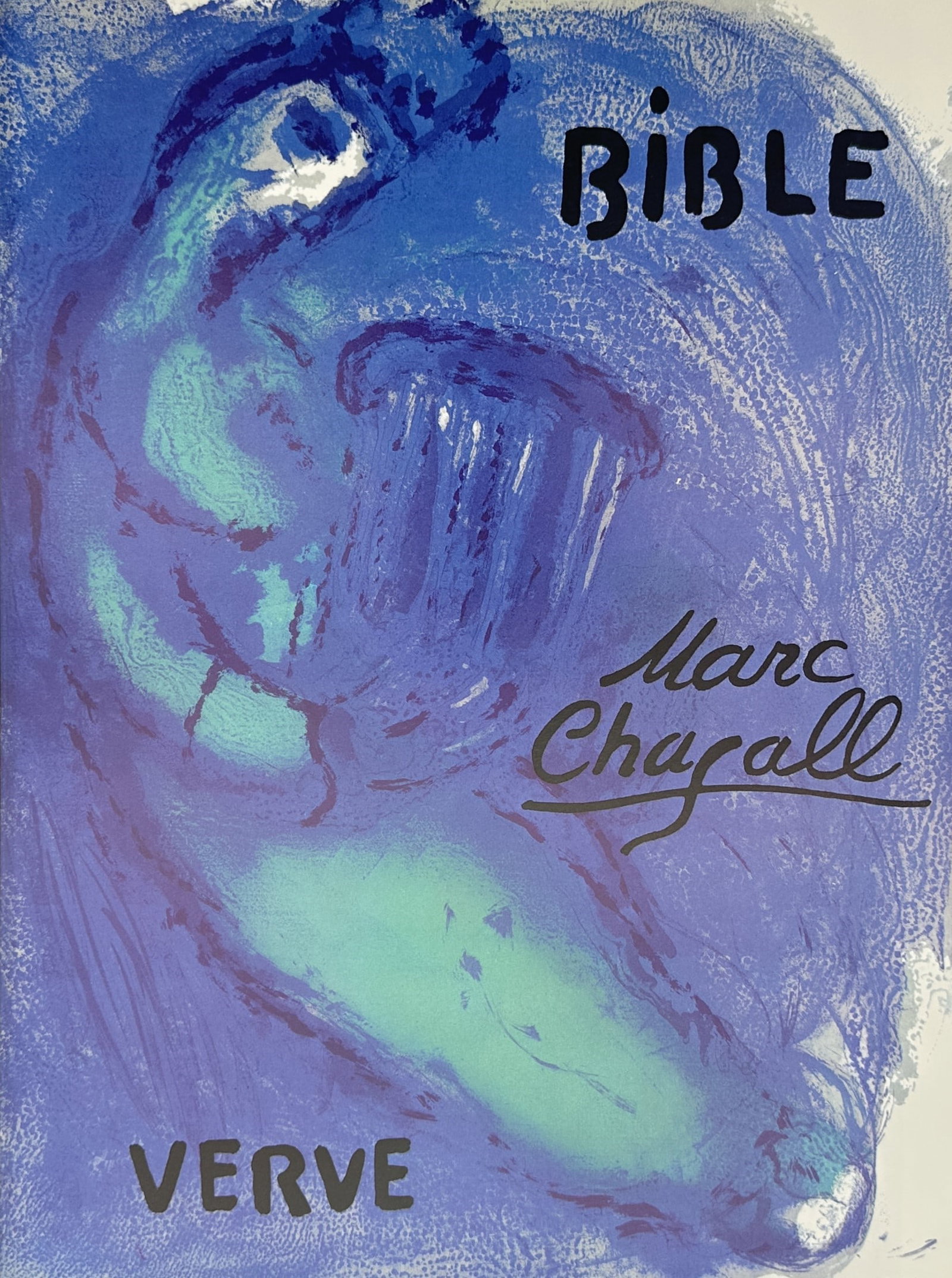 Marc Chagall,after – Cover for Verve: Bible – Offset print (20th Century): "Cover for Verve: Bible" This print shows a poetic blue and purple composition depicting an abstracted figure playing a harp amidst swirling cosmic textures. The design serves as the cover art for a n