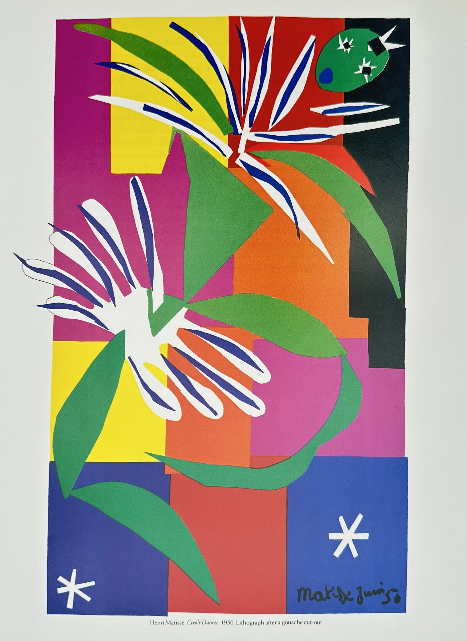 Henri Matisse,after – Creole Dancer – Offset print (20th Century): "Creole Dancer" This print depicts a vibrant, rhythmic composition of abstract floral shapes and colorful geometric fields representing a dancer in motion. The design captures the energy and dynamism 