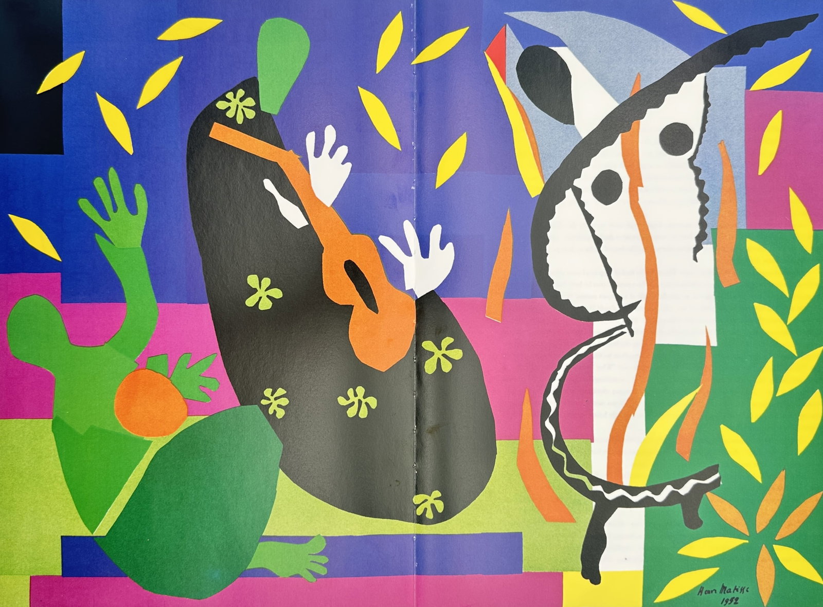 Henri Matisse,after – Sorrow of the King – Offset print (20th Century): "Sorrow of the King" This print depicts a vibrant, rhythmic composition of stylized figures, including a central musician holding an orange stringed instrument surrounded by floating yellow leaves. Th