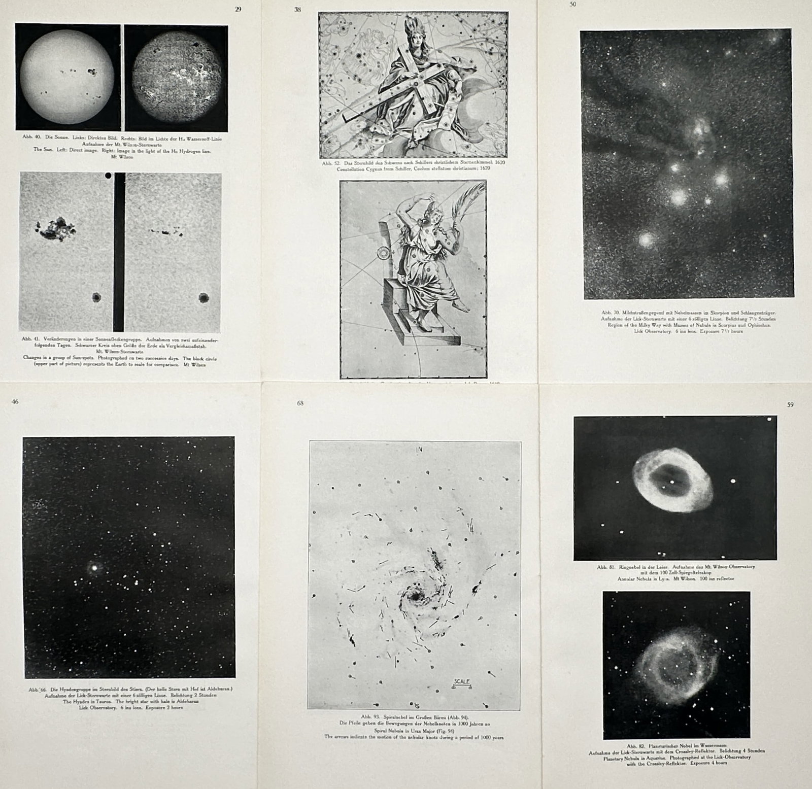 Robert Henseling – Set of 6: Astronomical, Astrophotographic, and Constellation Studies: "The Starry Sky" This set of six prints displays a general overview of celestial phenomena, showcasing solar surface observations, classical constellation figures, distant star clusters, and spiral ne