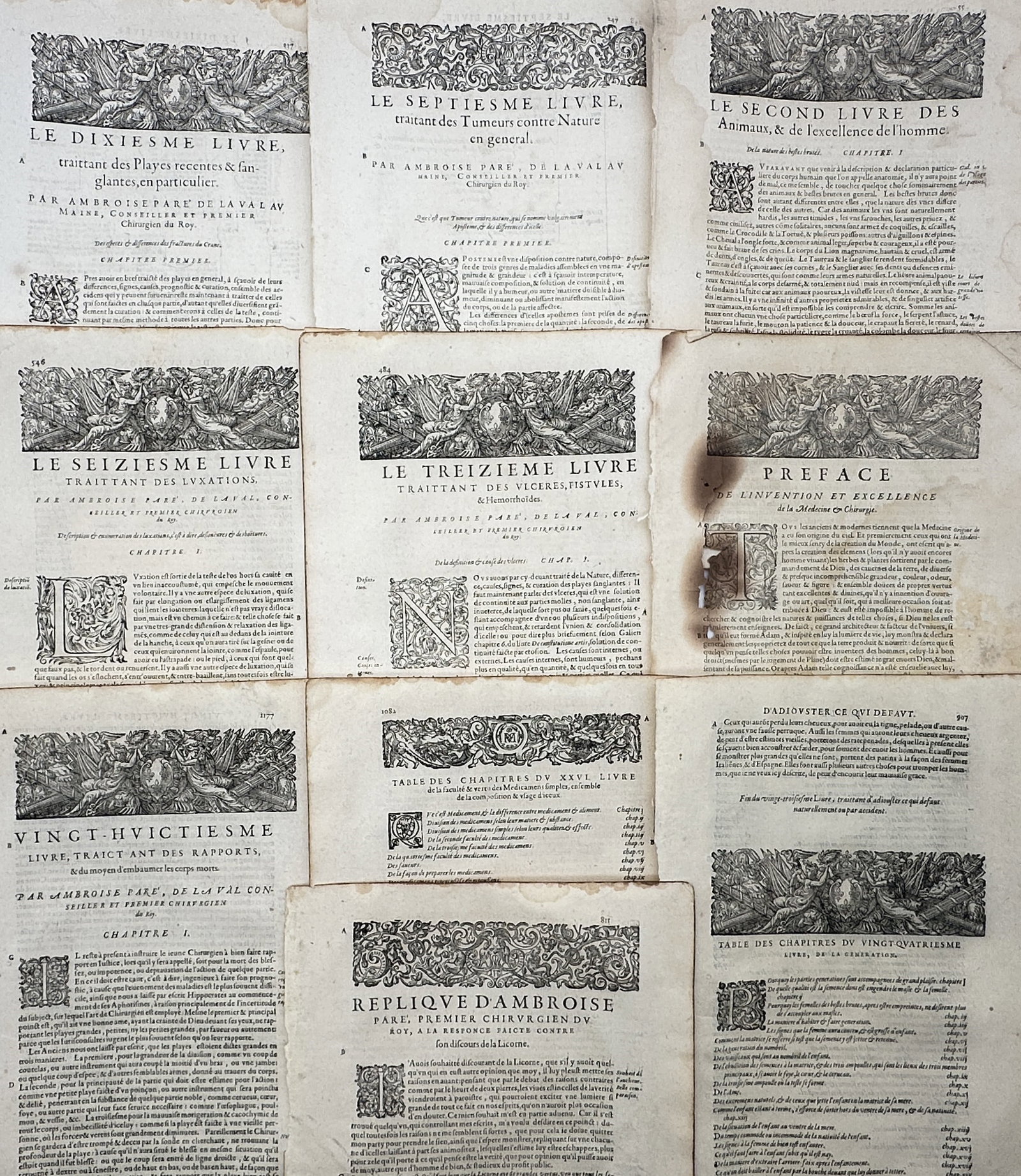 Ambroise Paré – Set of 10: Medical Treatises, Chapter Prefaces, and Indices – Woodcuts: "Oeuvres d'Ambroise Paré" This set of ten prints displays a general overview of Renaissance medical literature, showcasing decorated title headpieces, ornamental initial capitals, and comprehensive a