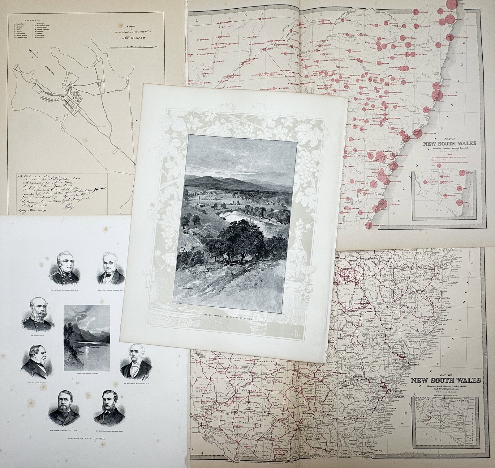 Andrew Garran – Set of 5: Cartographic Maps and Topographical Studies of Australia – Engravings (1 of 2)