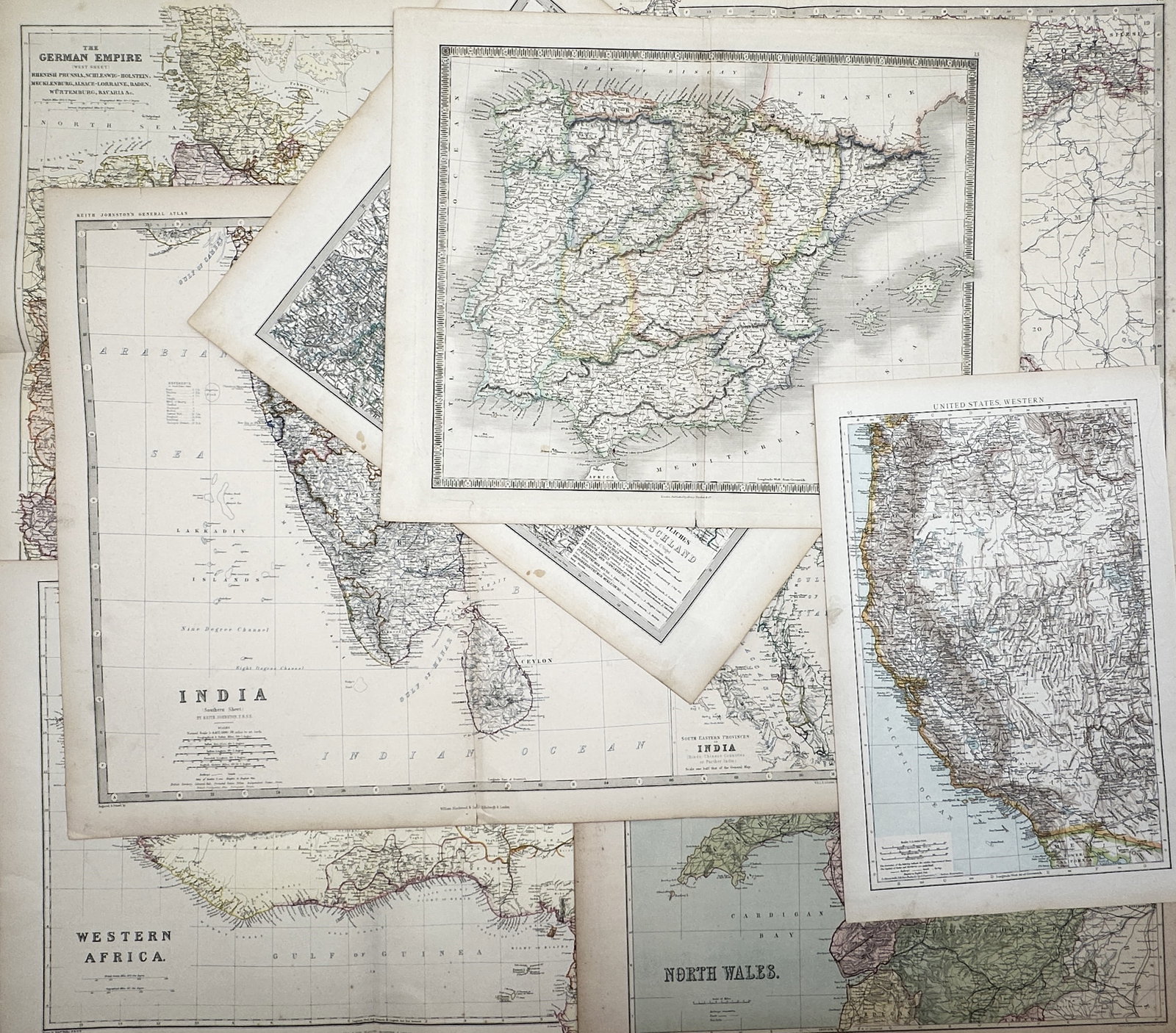 Various authors – Set of 8: Historical Cartographic Maps of Spain, India, Western Africa –: "The Imperial Map Collection" This set of eight engravings displays a general overview of nineteenth-century international cartography, showcasing detailed geopolitical outlines of Spain, India, Weste